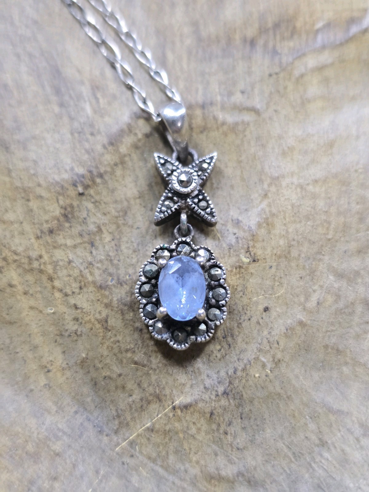 Sterling Silver Pendant Necklace Blue Stone & Marcasite Cluster
