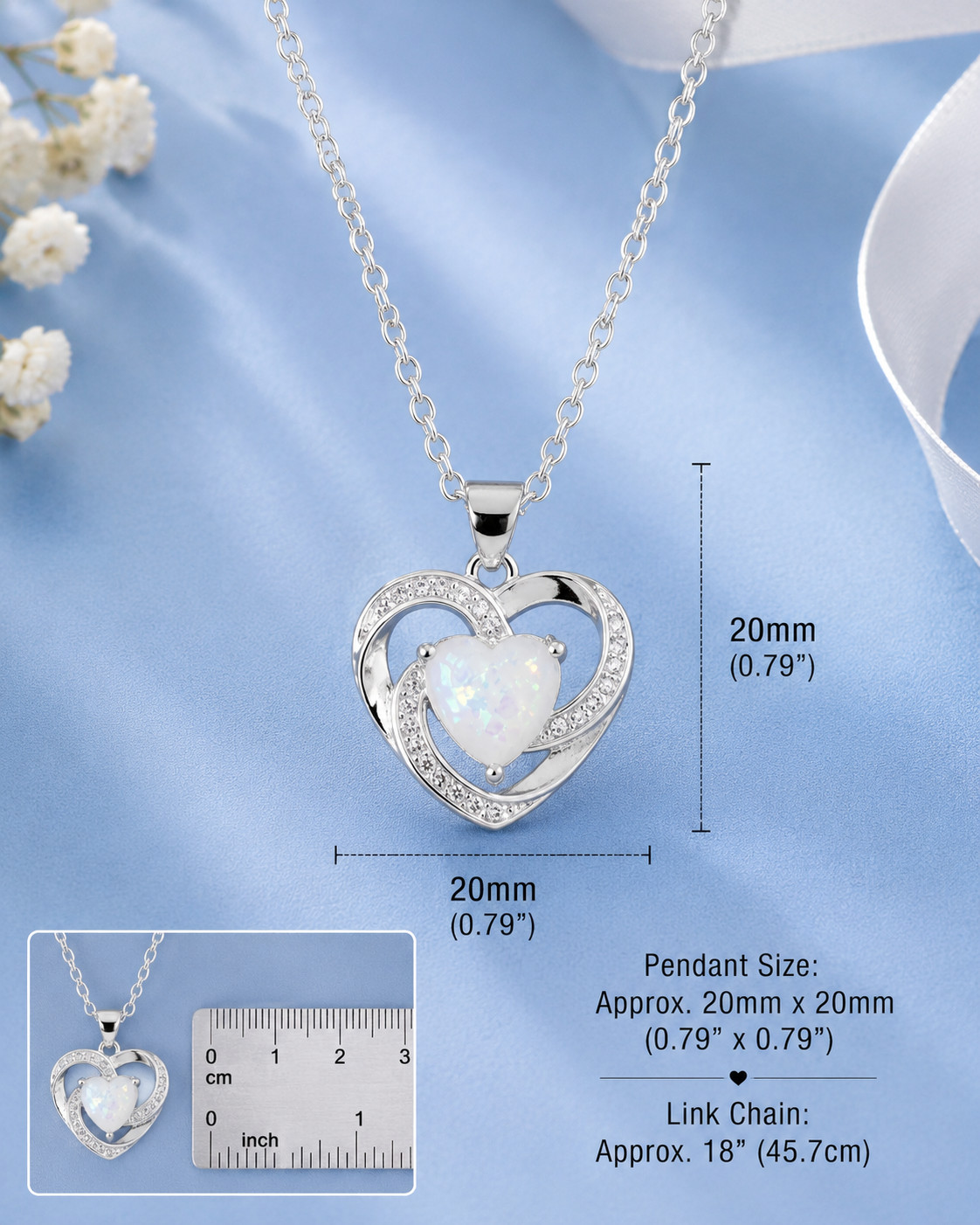 925 Sterling Silver Plated Faux Opal Heart Pendant Necklace 18″ Gift Jewelry