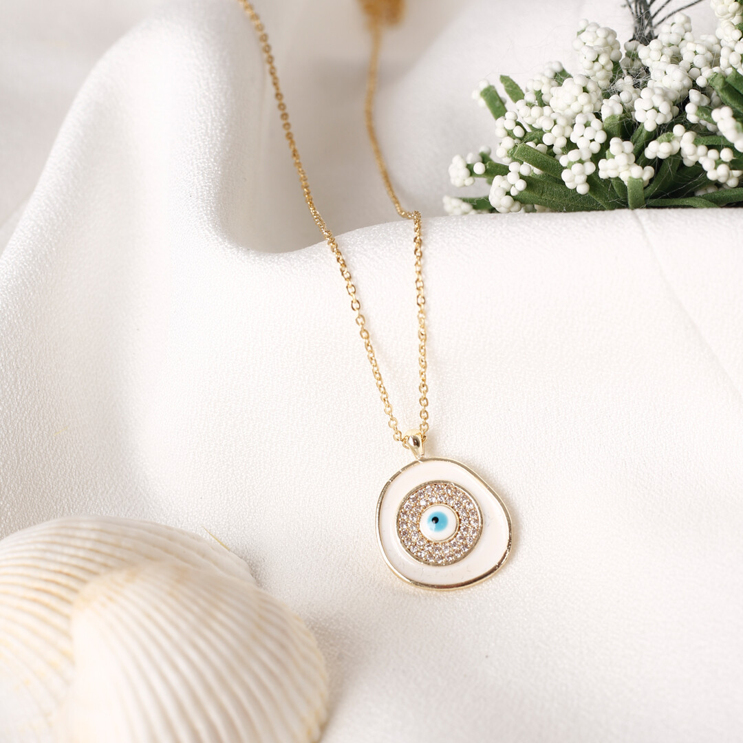 PERGEN 14K Gold-Plated White, Authentic Evil Eye Necklace Summer Minimalist Gift