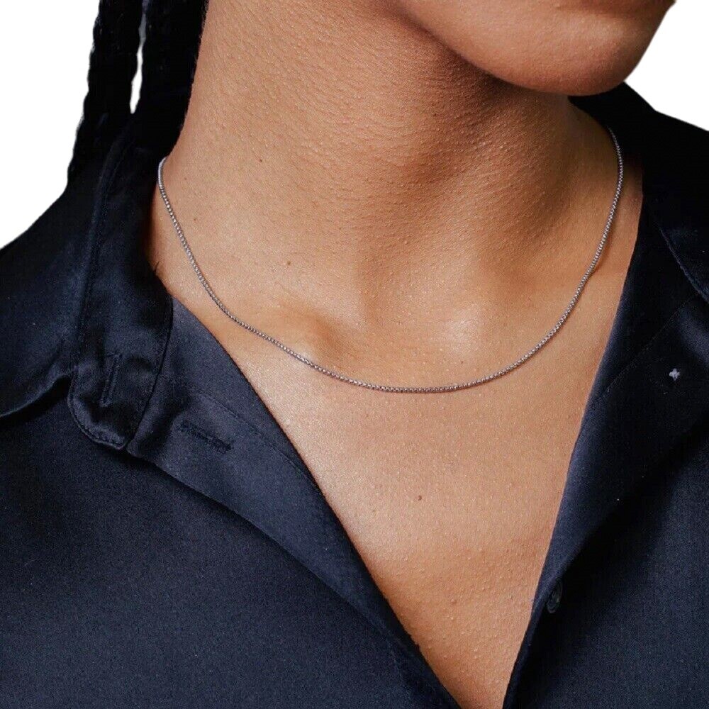 Sterling Silver Rhodium Finish DC ROUND BOX Chain Necklace, 1mm, 1.2mm, 1.5mm