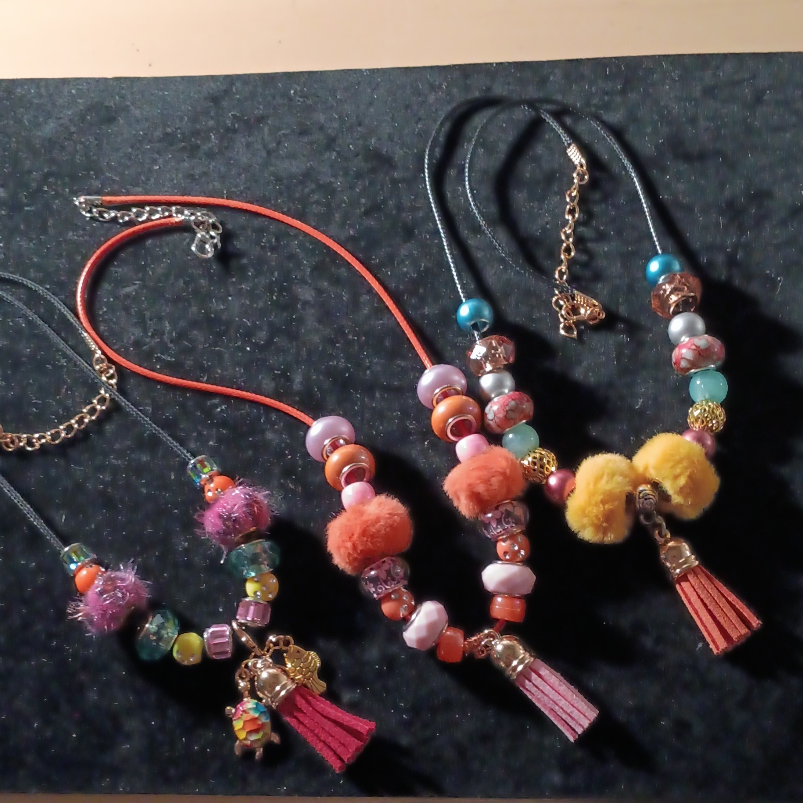 Handmade Beaded Cord Tassel Charm Necklaces Lot of 3 Boho Lobster Clasp