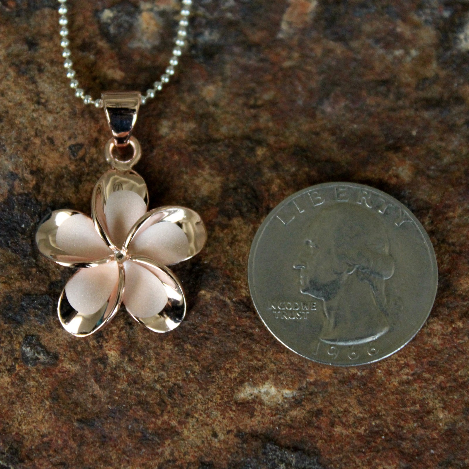 22mm Large Rose Gold Plumeria Hawaiian Flower Silver Pendant Necklace SP66069