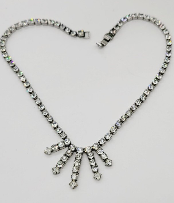 Crystal Rhinestone Necklace Bib Choker Runway Fringe Vintage 15 in