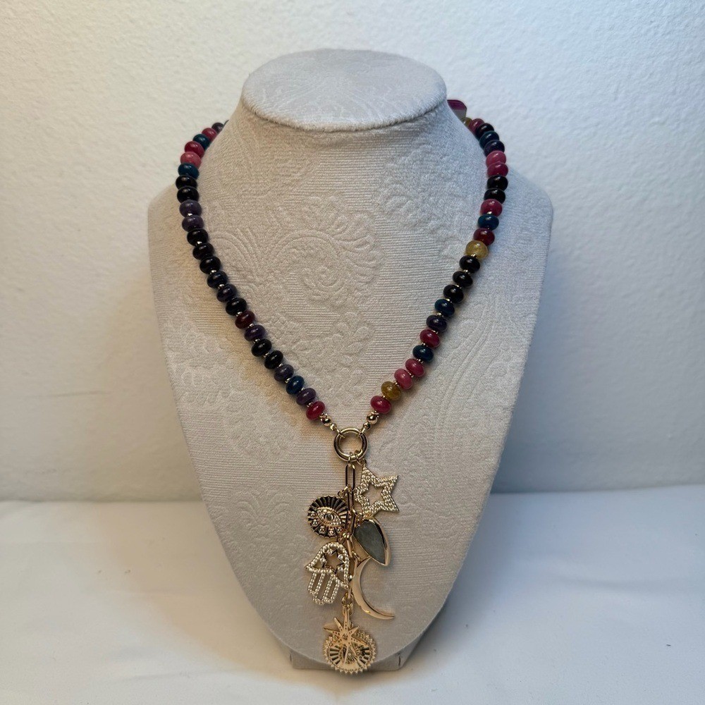 Boho Beaded Charm Necklace Gold Tone Hamsa Star Moon Evil Eye Celestial Gemstone