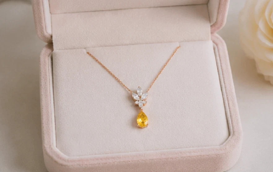 4ct Pear Cut Simulated Citrine/Diamond Pendant Necklace 14k Yellow Gold Plated