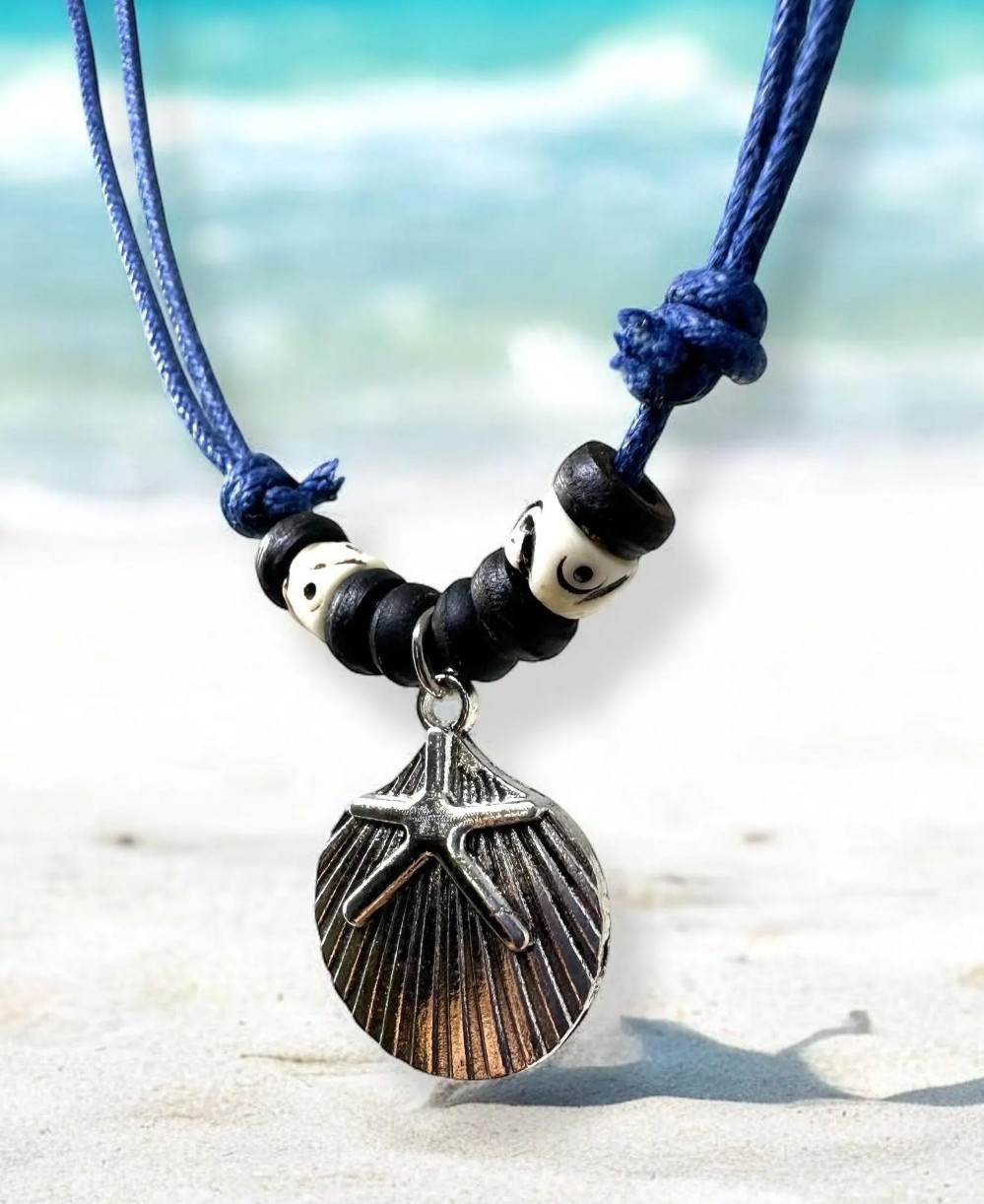Seashell & Starfish Pendant Necklace | Silver Tone | Navy Blue Cord | Beach