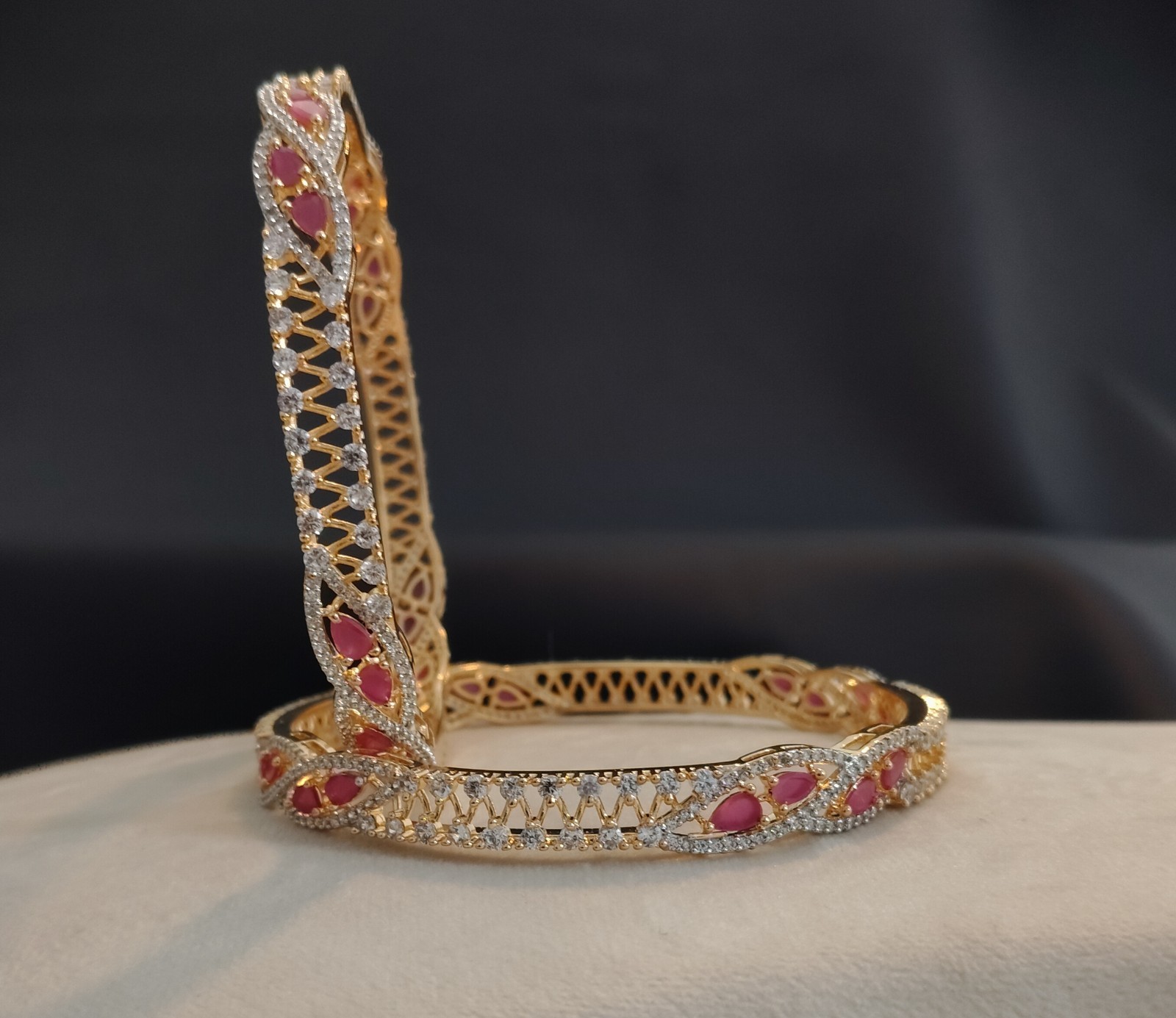 Khushi Twisted Ruby Vine Diamond Style Designer Bangles Roz Jewellers.