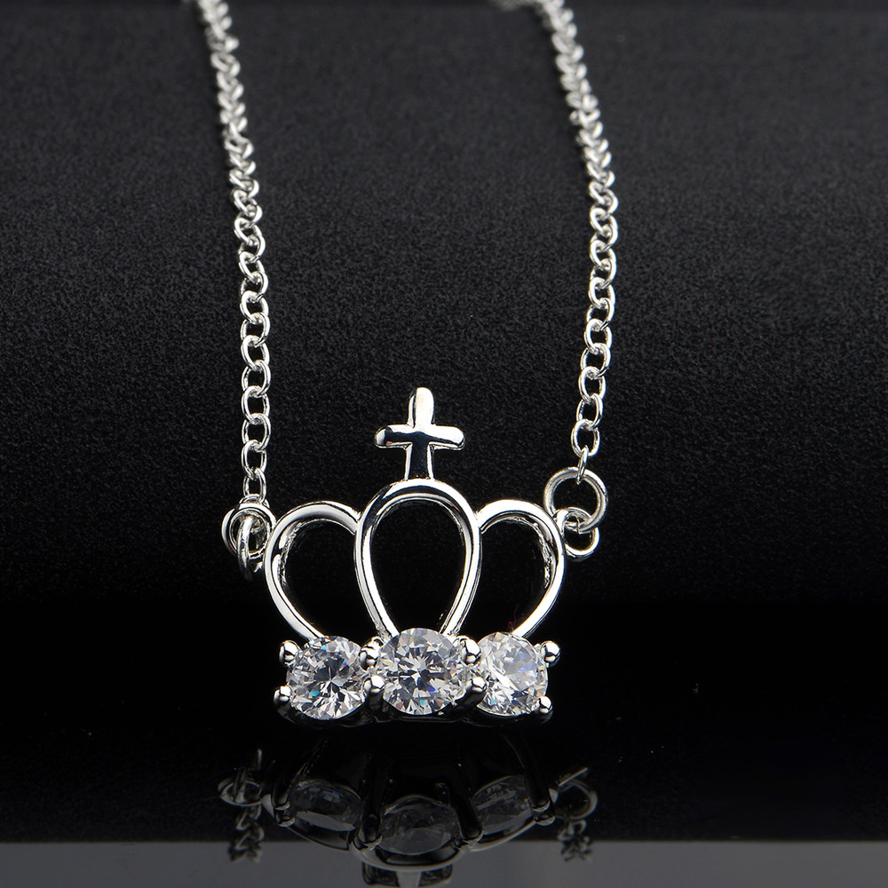 Elegant 925 Sterling Silver Filled Water Crown CZ Pendant Woman Necklace N-A597