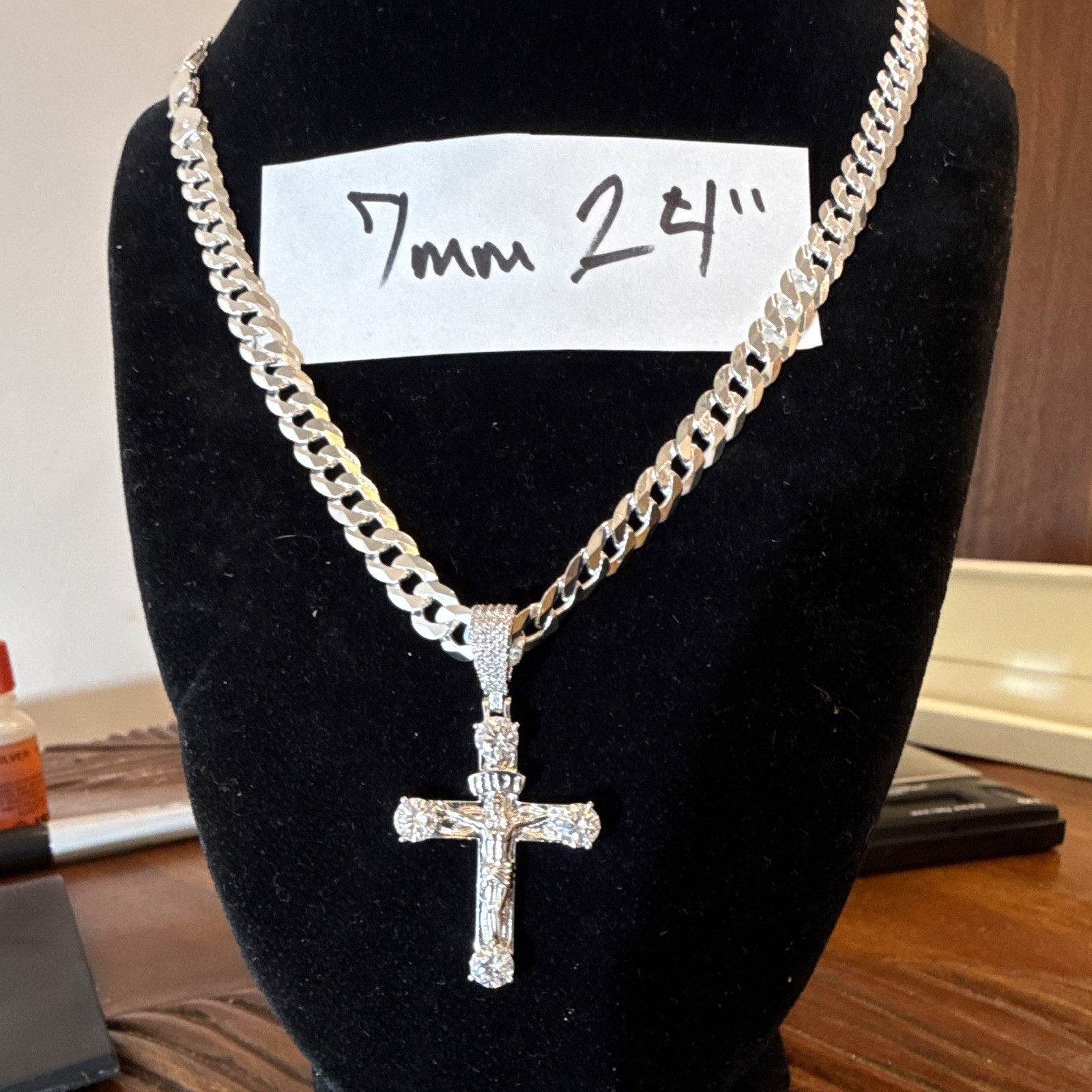 7mm 24in SOLID 925 (41g) Cuban Link Chain w Moissanite Jesus Cross Pendant 4CTW