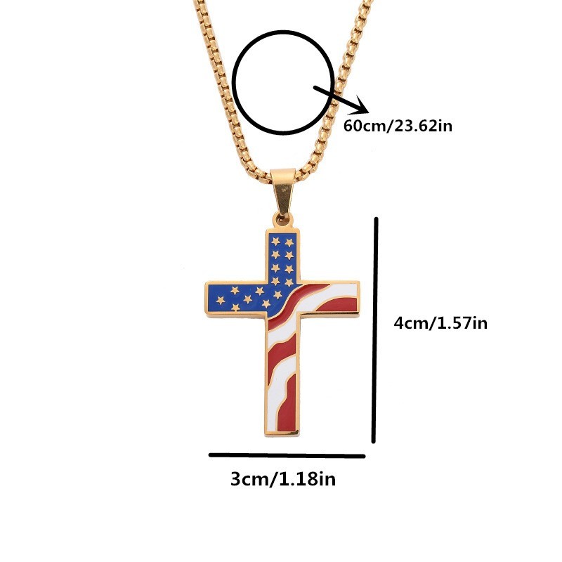 Stainless Steel Religious Christmas Enamel American Flag Cross Pendant Necklace