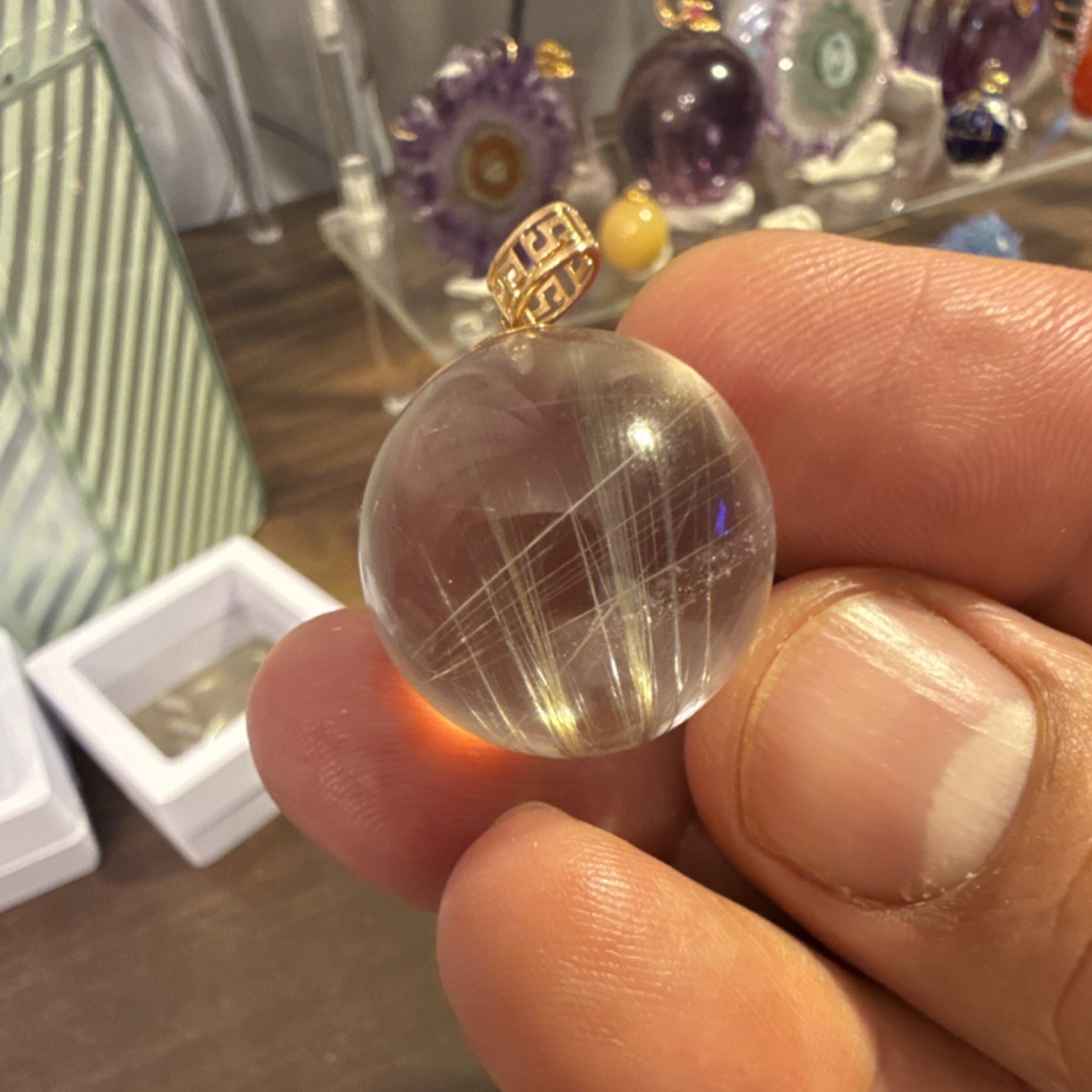 Clear Quartz With Silver Rutile Sphere Charm Pendant with 18k Gold Bail