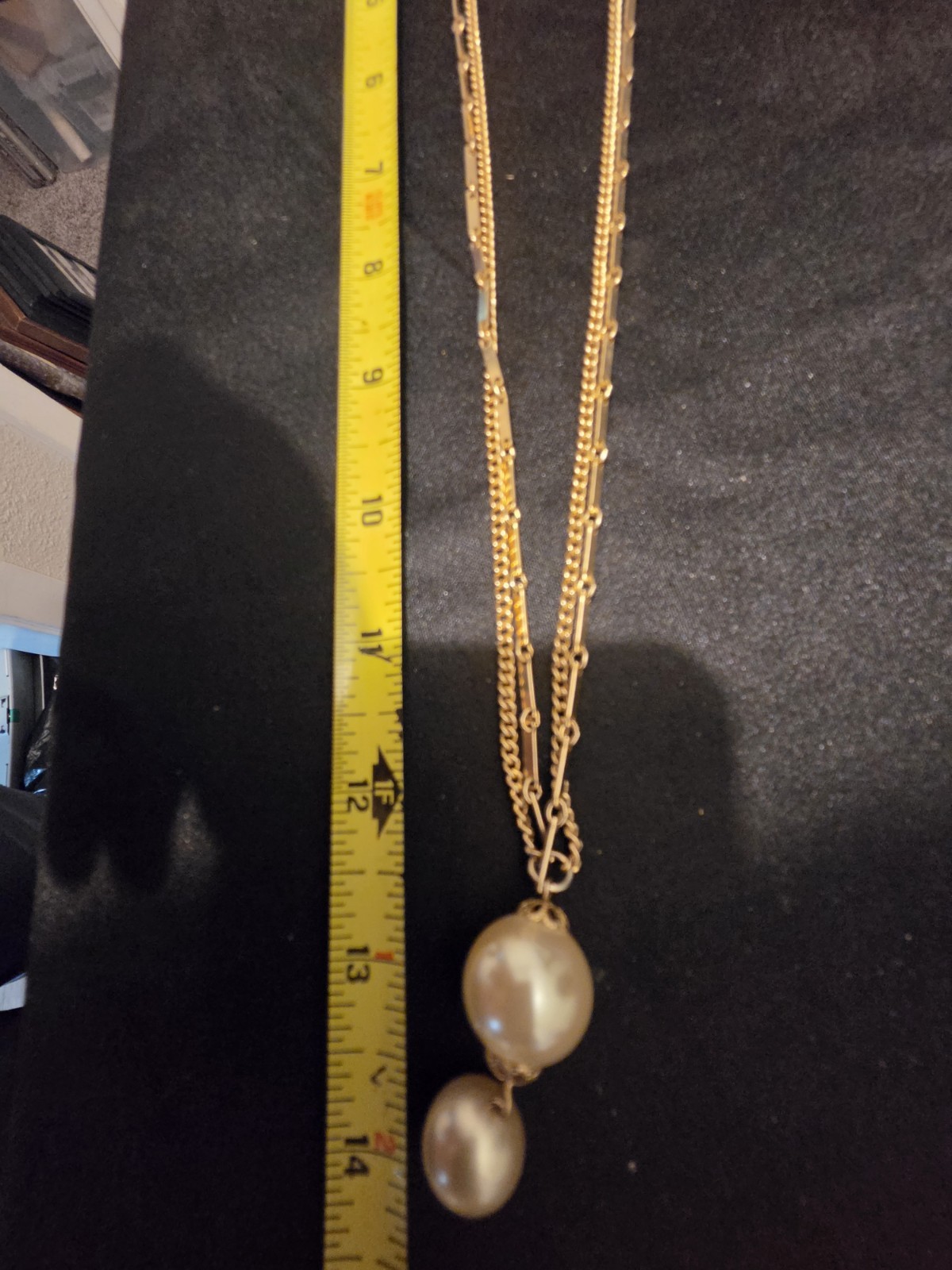 Gold Tone Double Curb Link Chain Necklace 24in White Pearl Drop Pendant