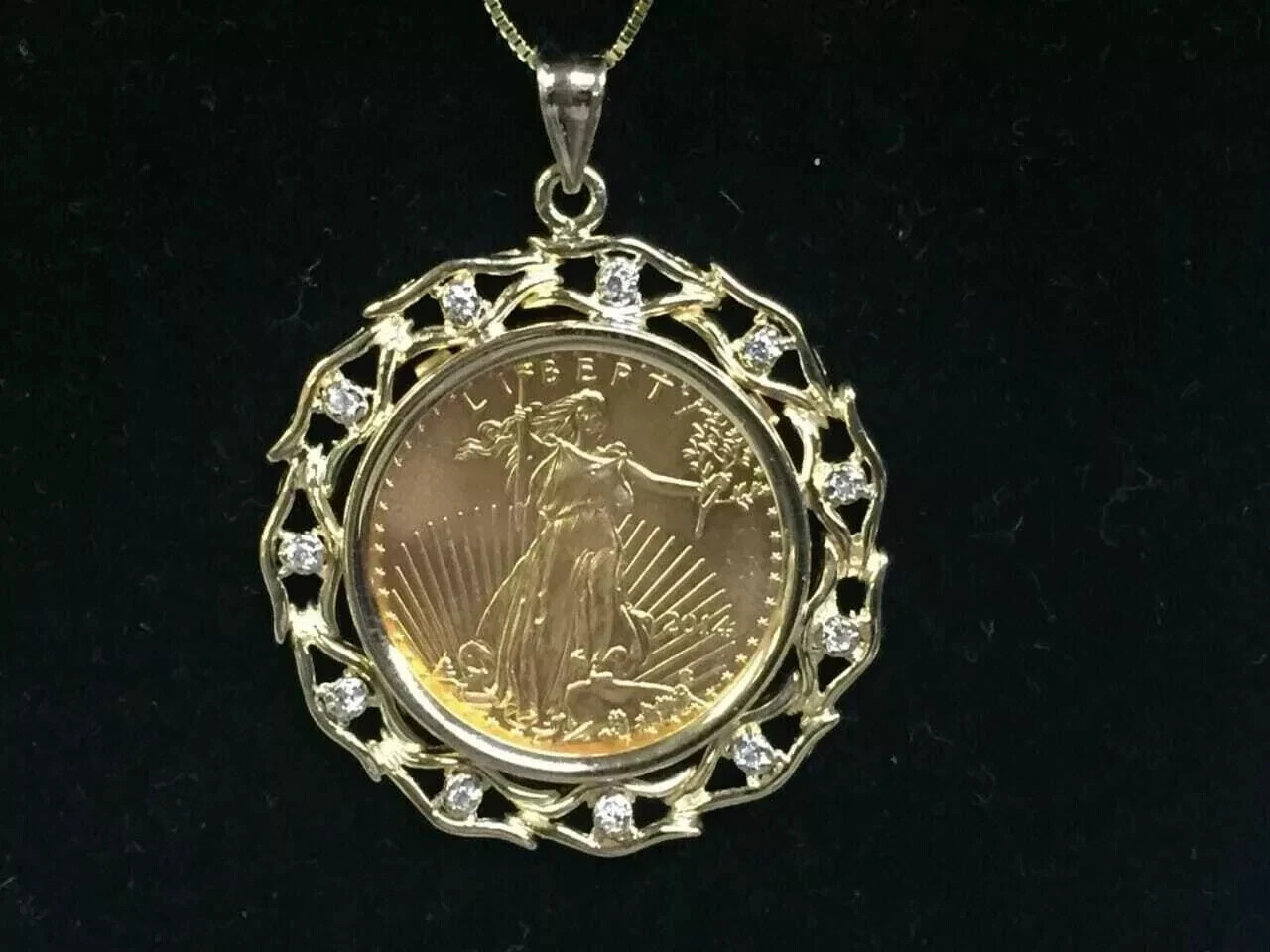 Lady Liberty Coin Pendant 18″ Chain 14K Yellow Gold Finish Simulated Diamond