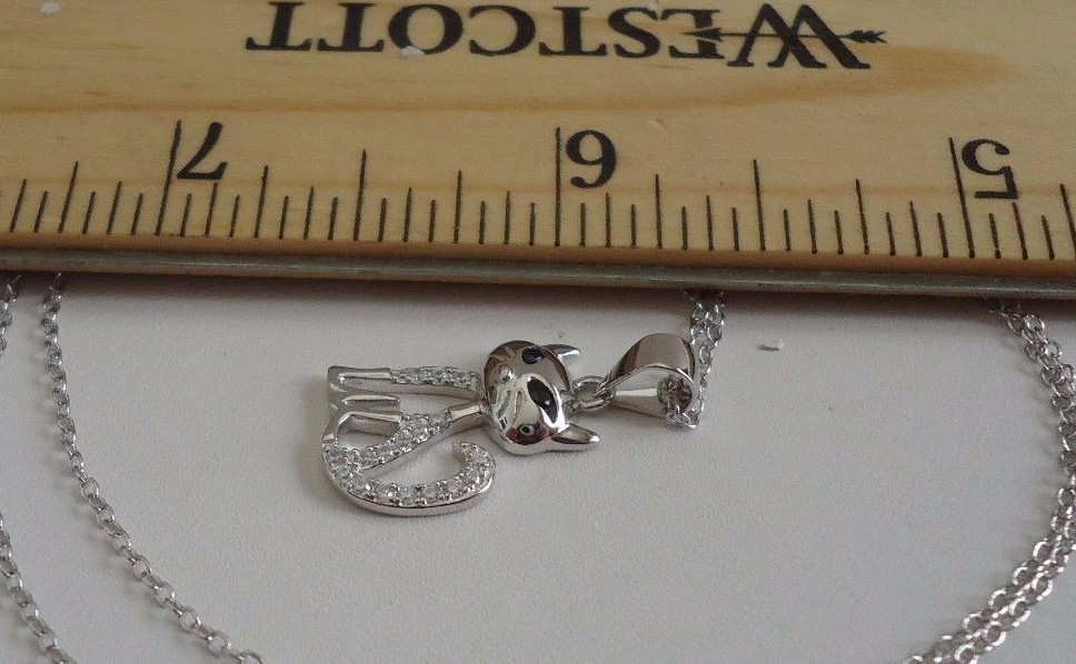 CAT NECKLACE PENDANT LAB CREATED DIAMONDS / 925 STERLING SILVER 11MM BY 17MM
