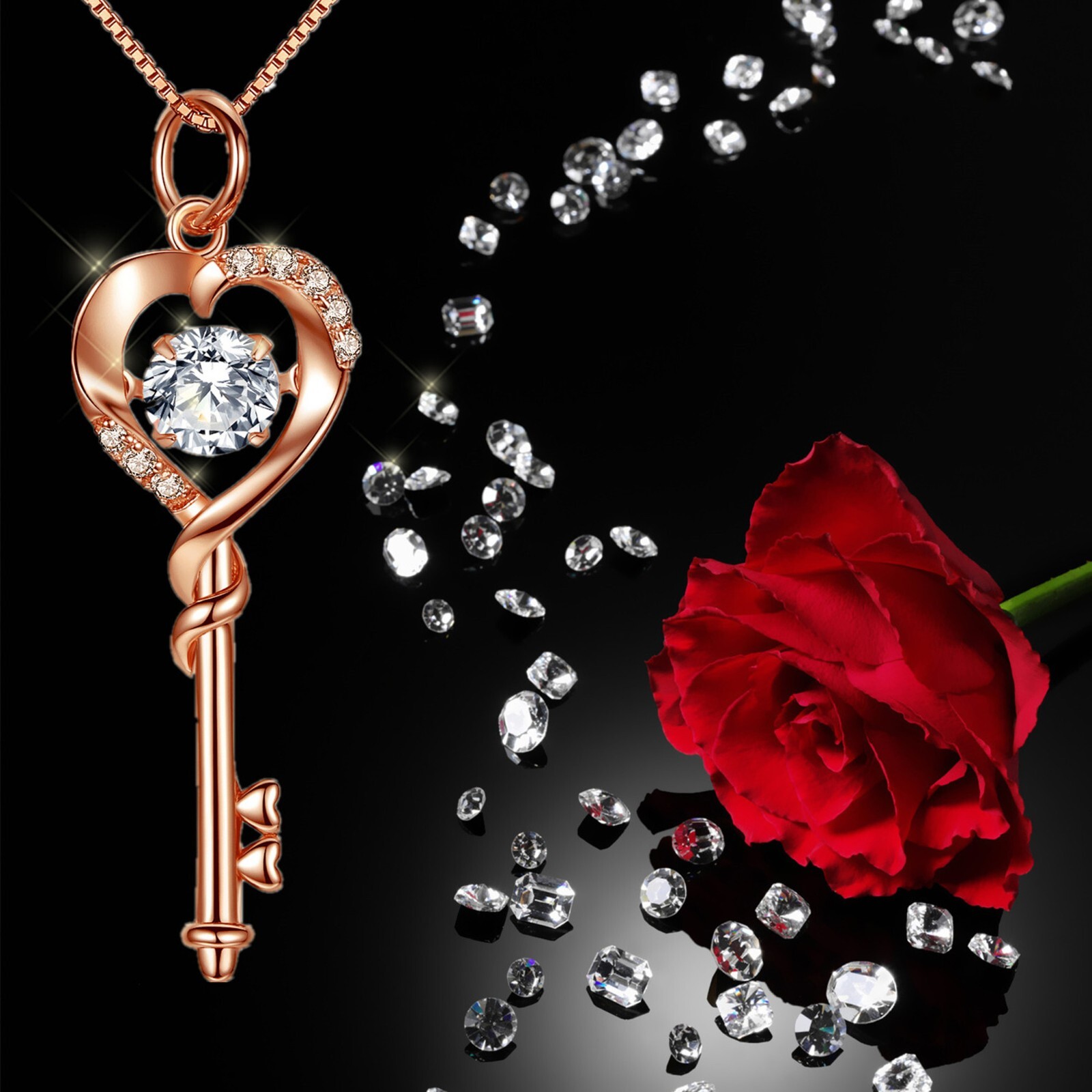 Real Sterling Silver Heart Key Rose Gold Plated Necklace Pendant Gift for Her