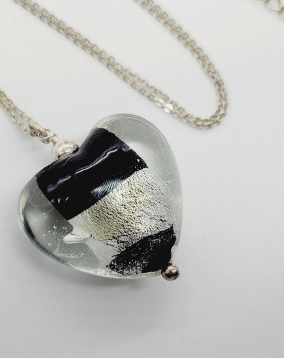 Heart Pendant Sterling Silver Necklace Black & Grey Lucite 19 in Chunky