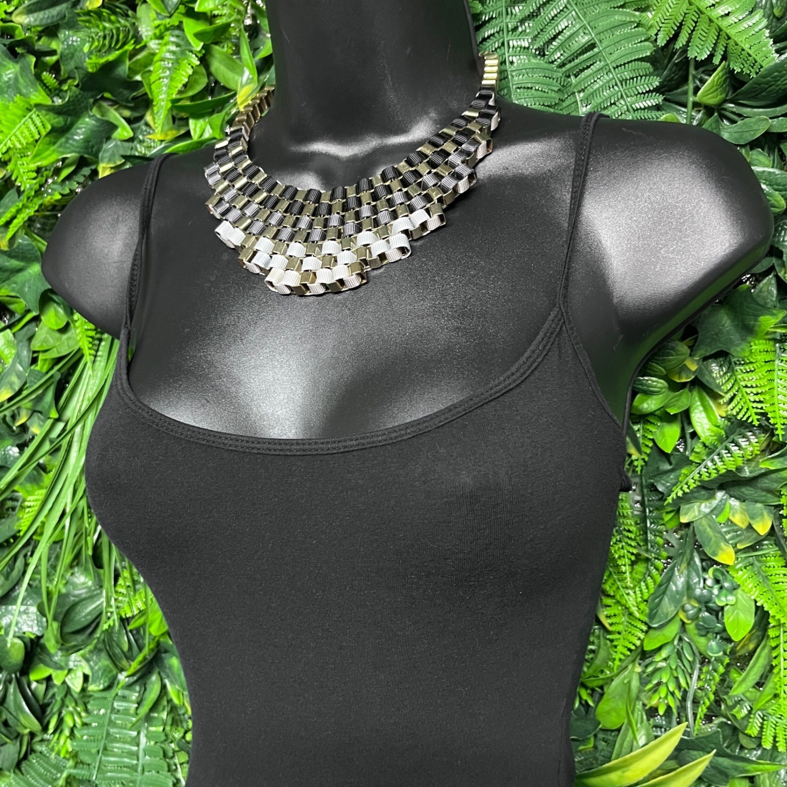 Ribbon Tiered Statement Bib Necklace Black Grey Gold Tone Woven Collar 3801