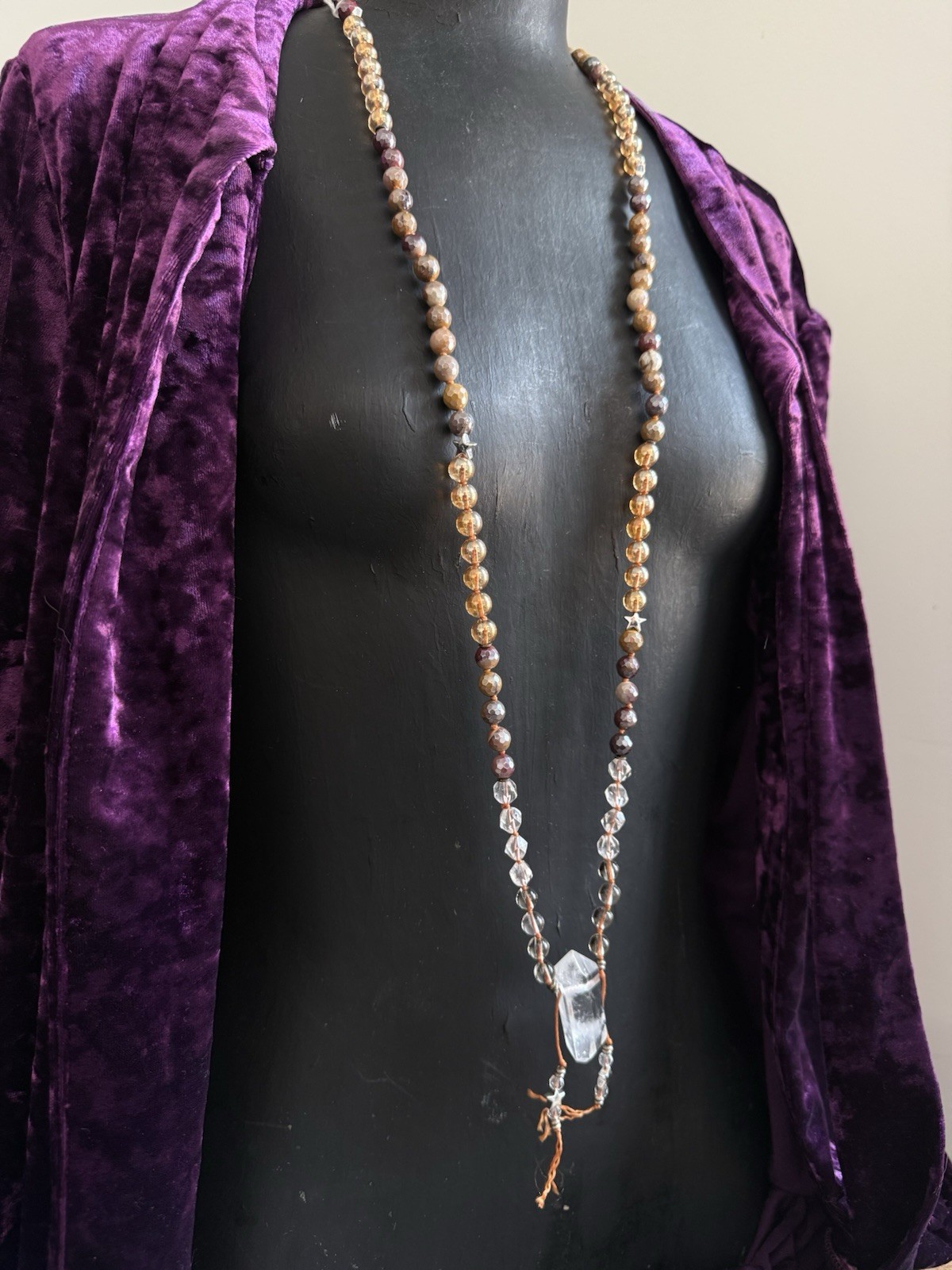 Clear quartz mookaite Jasper citrine Smokey quartz beaded mala necklace pendant