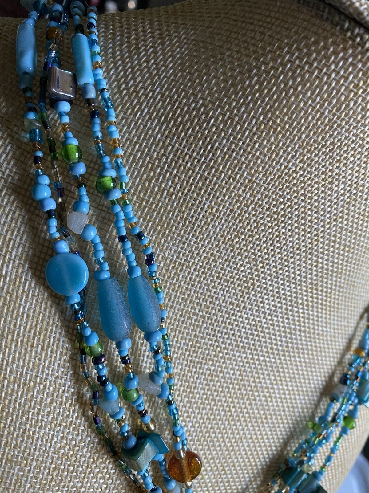 Boho Multi Strand Beaded Lariat Necklace Turquoise Blue Green Seed Bead Tassel
