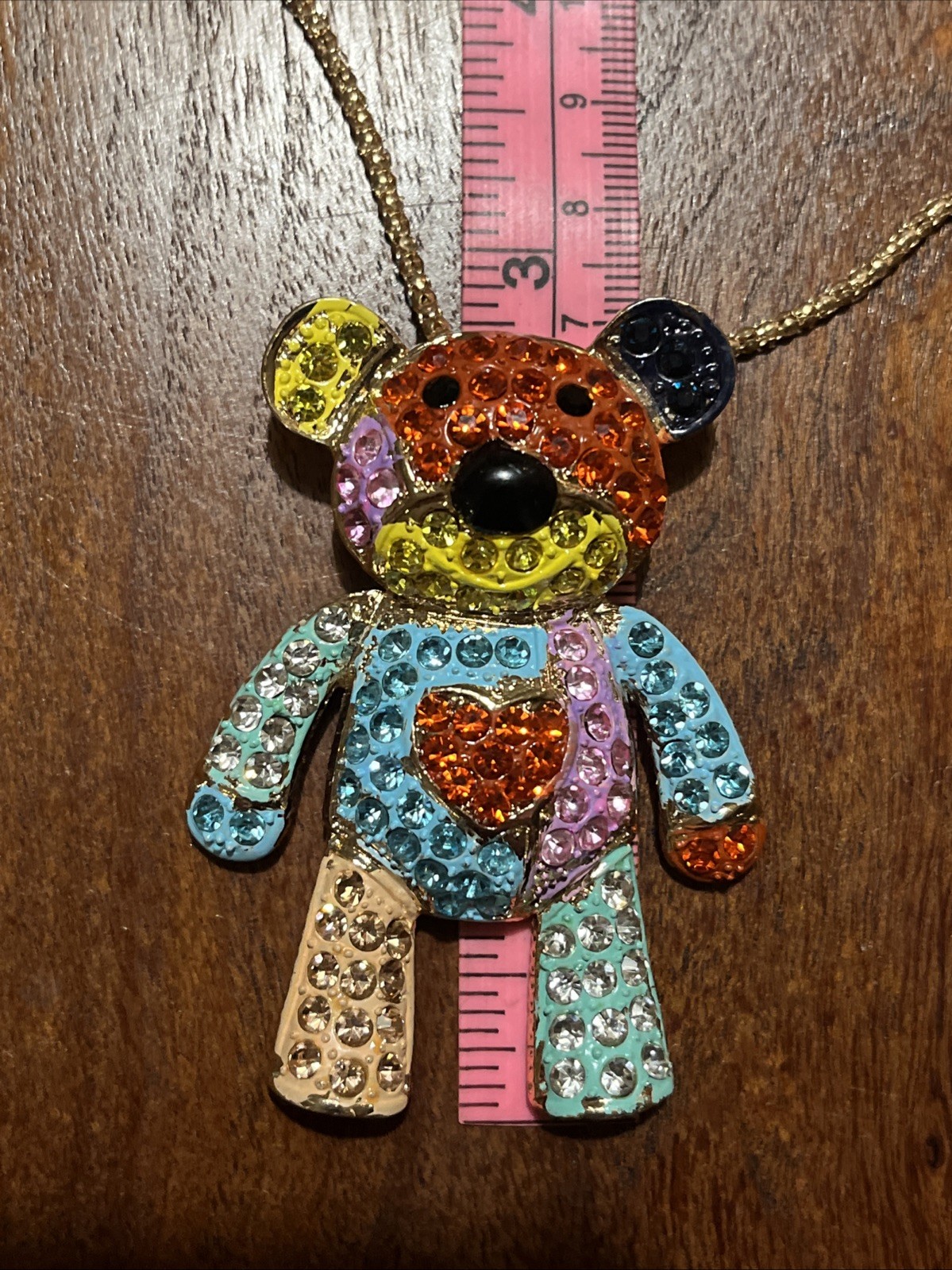 Betsey Johnson Teddy Bear Necklace Brooch Crystals 16” Chain Signed *READ*