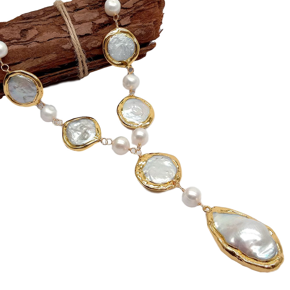 Cultured White Coin Pearl Potato Pearl Y-Drop Necklace Keshi pearl Pendant 20″