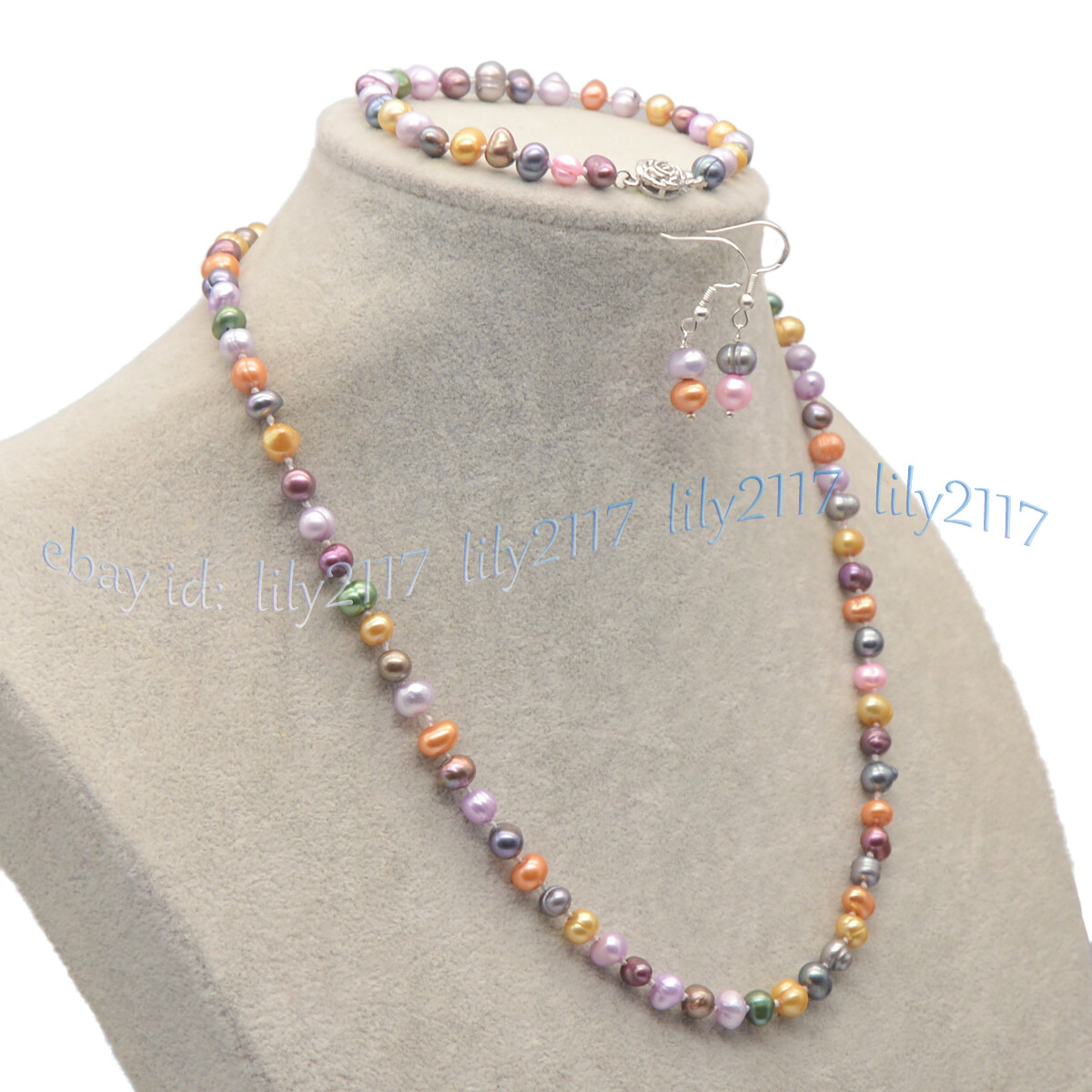 Natural 6-7mm Multicolor Freshwater Pearl Necklace Bracelet Earrings Jewelry Set