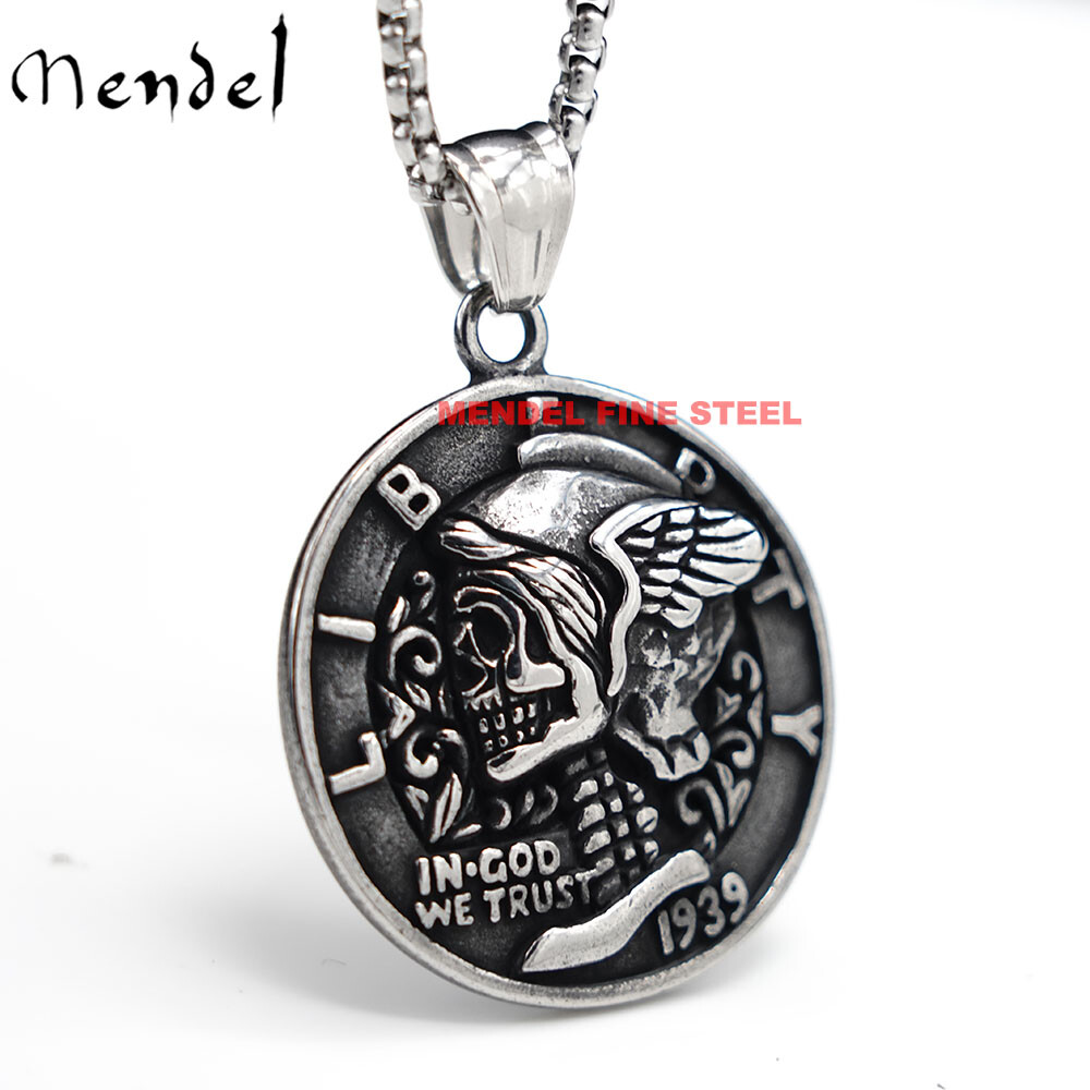 MENDEL Gothic Mens Stainless Steel Coin Biker Skull Punk Pendant Necklace Men