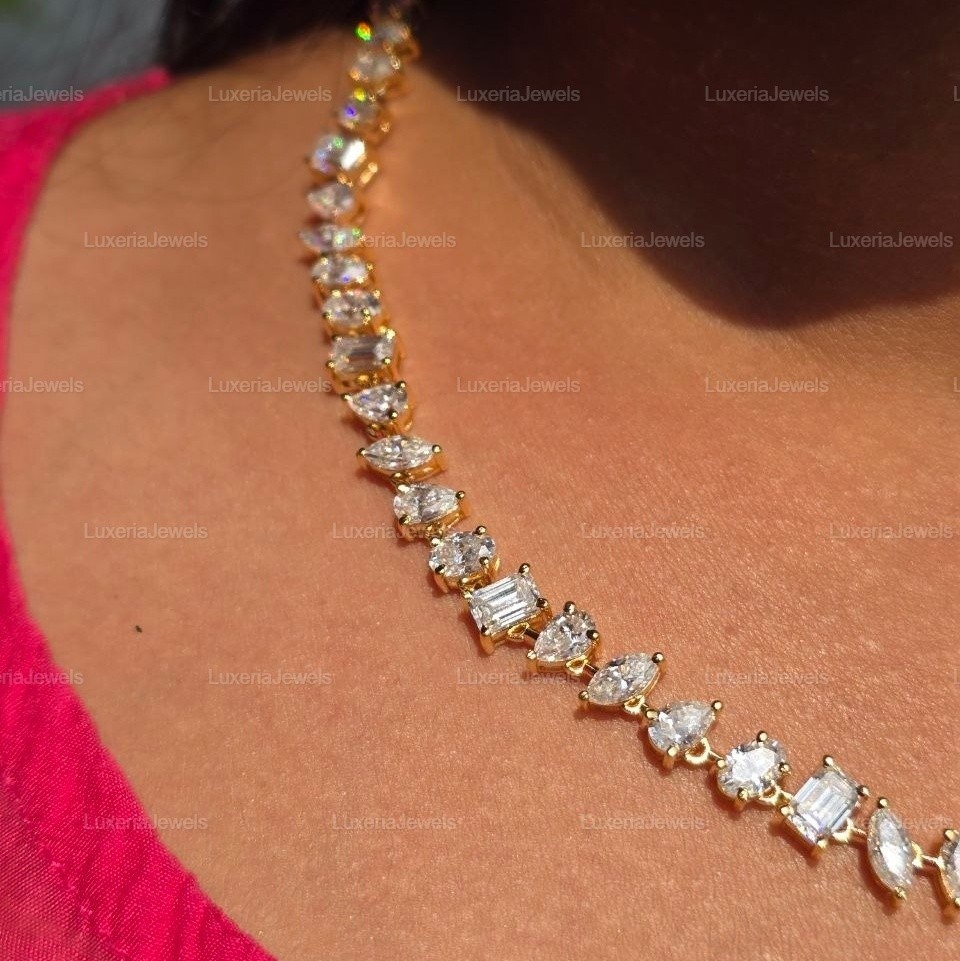 32TCW Mix Shape Moissanite Necklace, Statement Necklace, Bridal Necklace, Gift