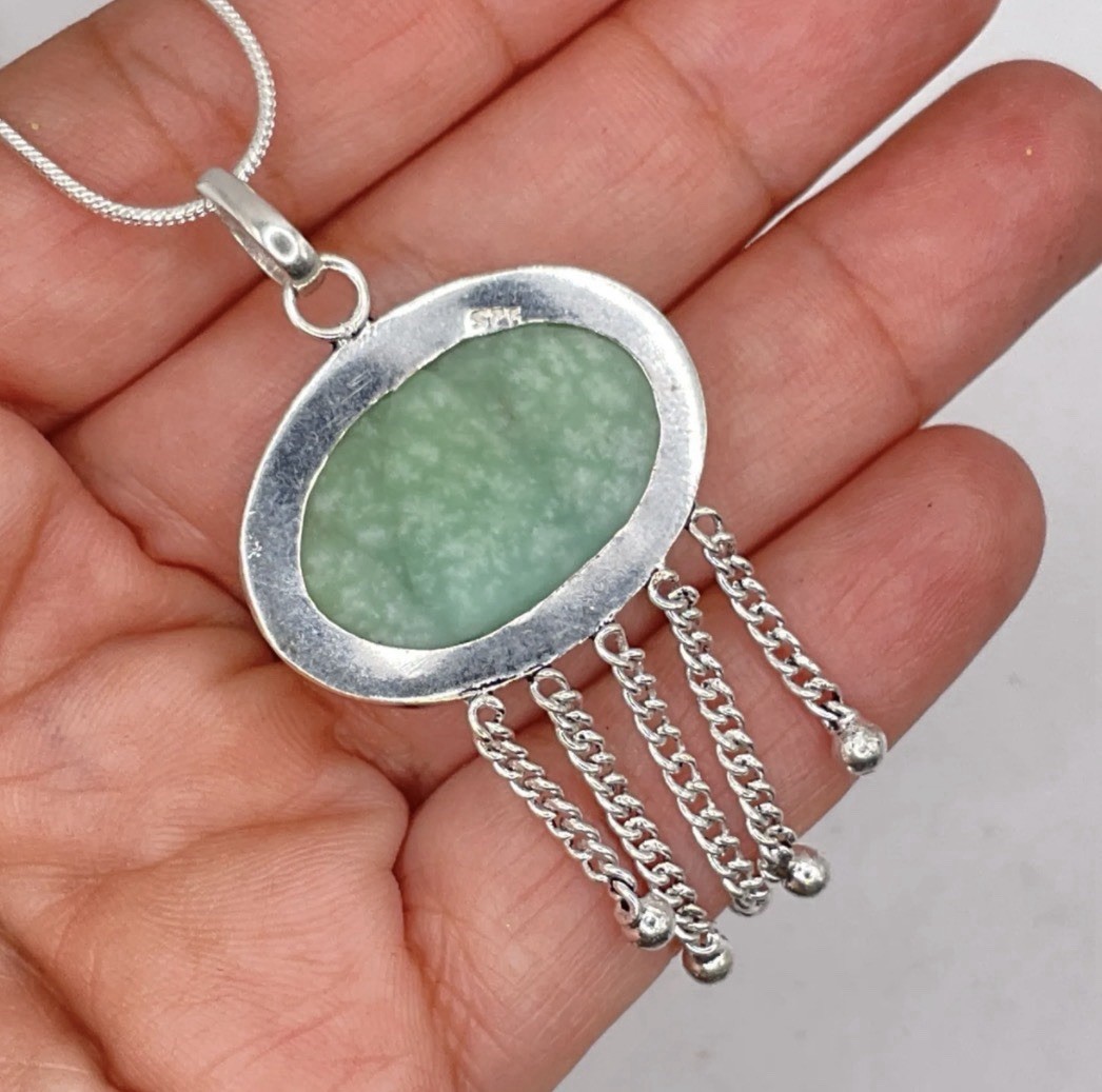 Green Larimar Sterling Silver plated Fringe Pendant Necklace