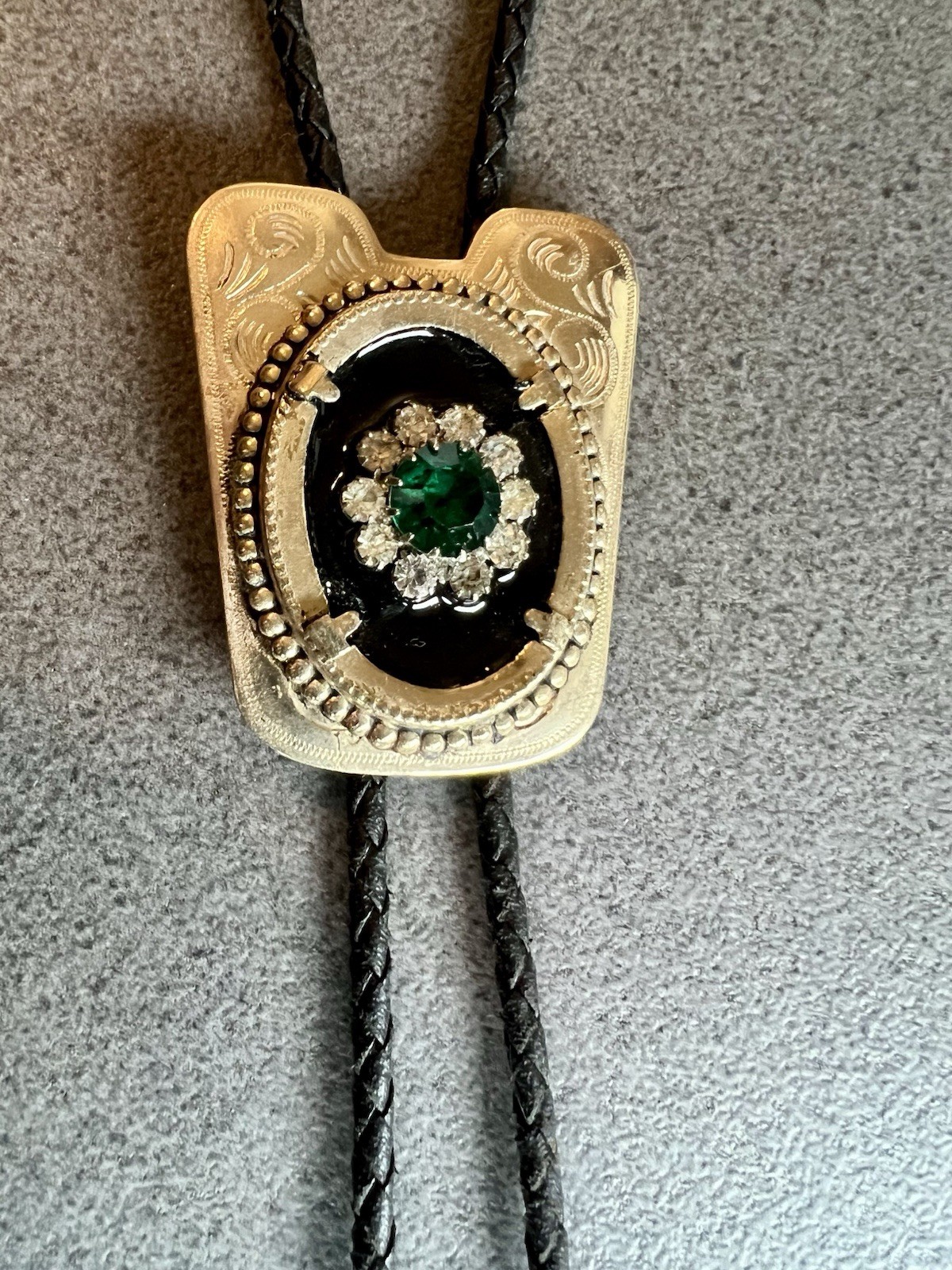 Gold Tone Western Bolo Tie w/ Green Rhinestone and Black Faux Onyx