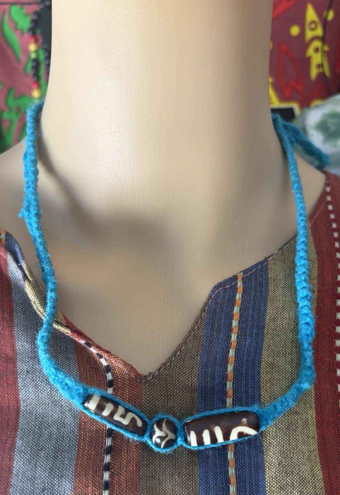 Wood Carved Bead Pendant Blue Cord Beaded Necklace Boho Adjustable Tie Closure