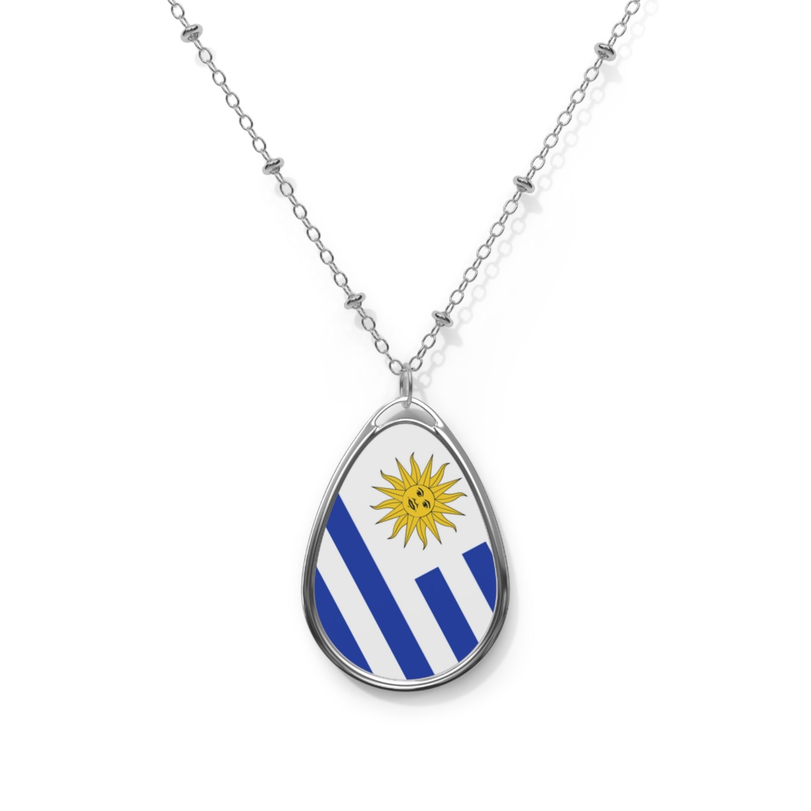 Uruguay Flag Oval Necklace – Patriotic Pendant Jewelry – One Size / Silver