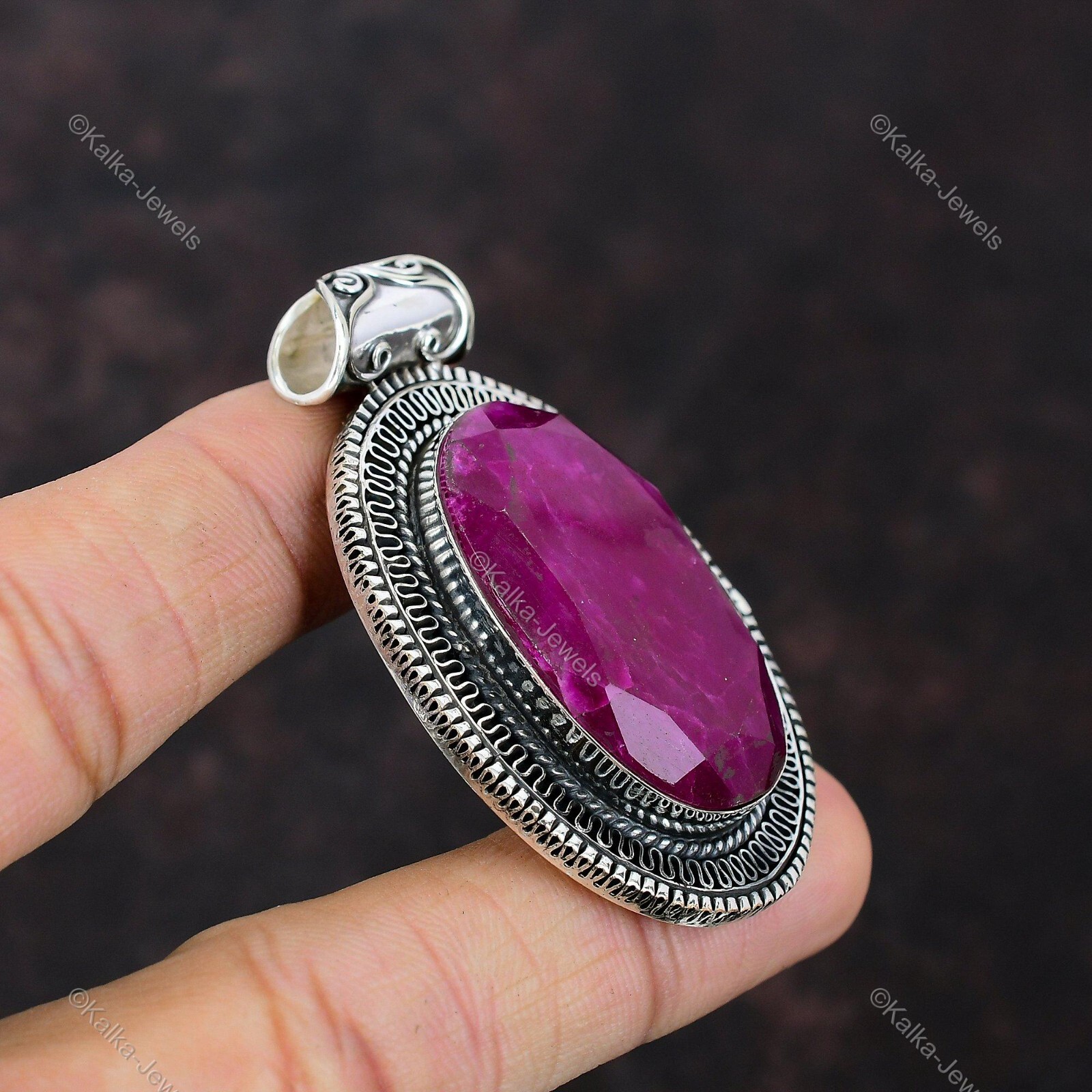 Natural Kashmir Rubi Gemstone Pendant Vintage 925 Sterling Silver Indian Jewelry