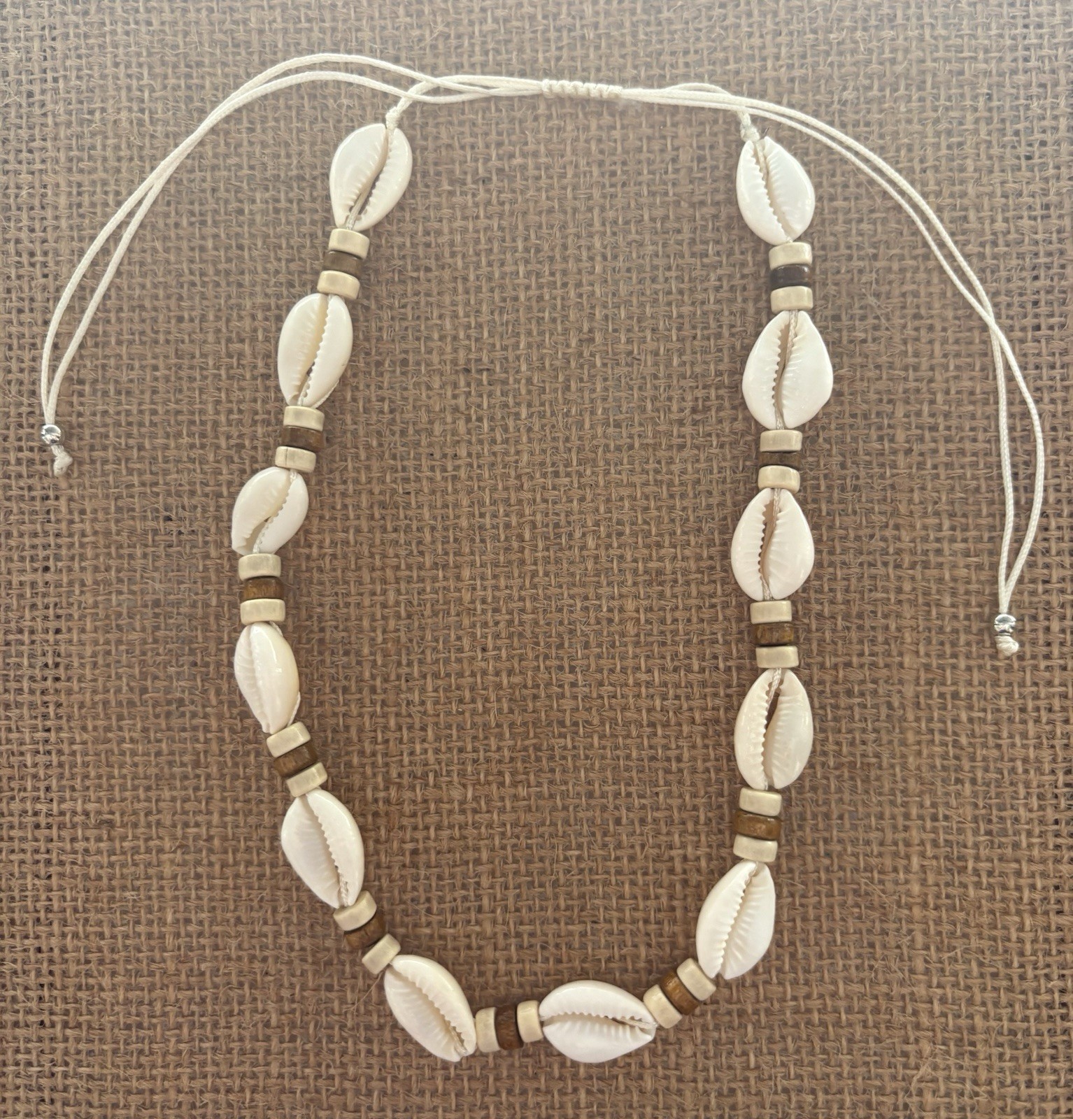 White Cowrie Shell Beaded Cord Choker Necklace Beach Boho Adjustable Tie