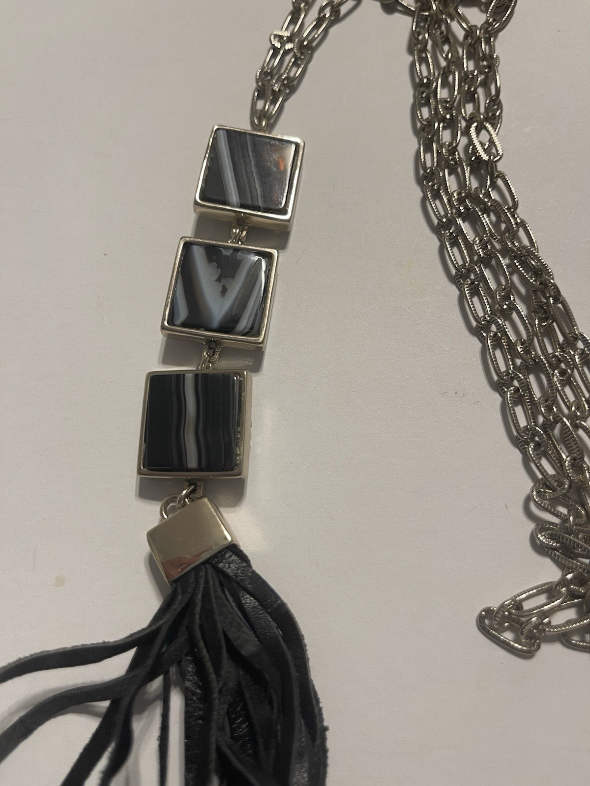 Silver Tone Cable Chain Necklace Agate Square Pendant w/ Tassel Adjustable