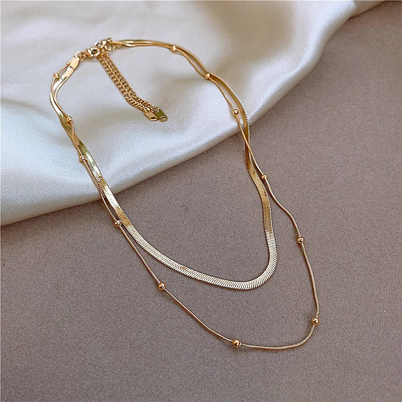 Double Layer Herringbone Necklace Women Gold Silver Stainless Steel Chain