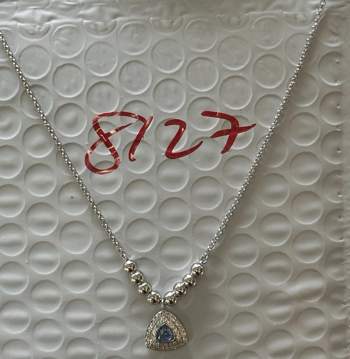 Bomb Party Blue Trillion Stone Necklace Silver Tone Pave Pendant Preowned