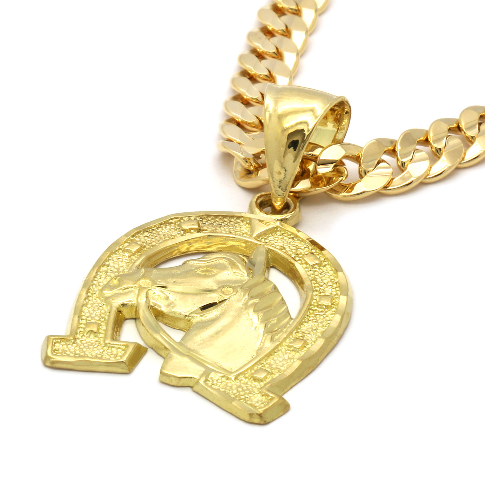 Men’s 18k Gold Plated Horseshoe Hip-Hop Pendant 6mm Cuban Chain Necklace