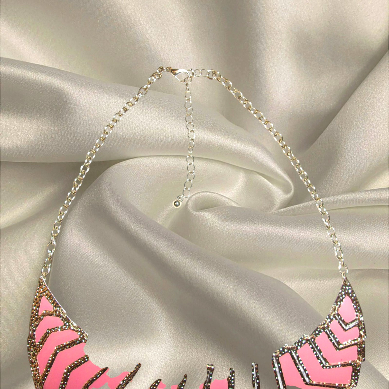 Womens Gold Chain Coral Pink Enamel Chevron Pendant Necklace Boho Accessory