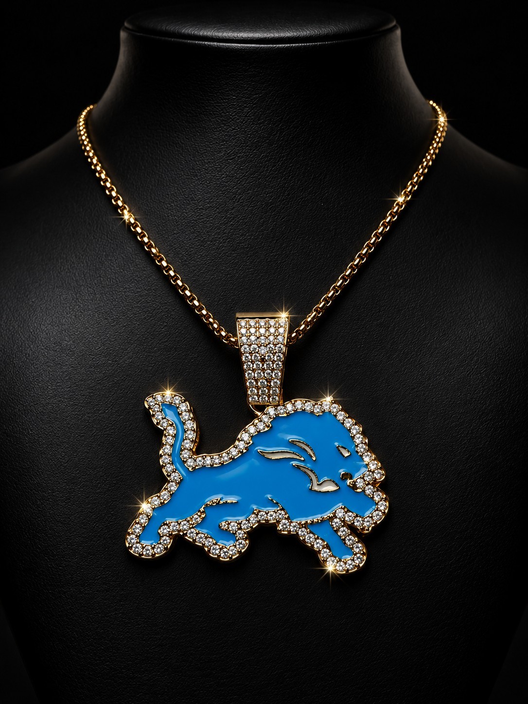 Blue Lion Football Fan Pendant Necklace Gold Tone Iced CZ Hip Hop Chain