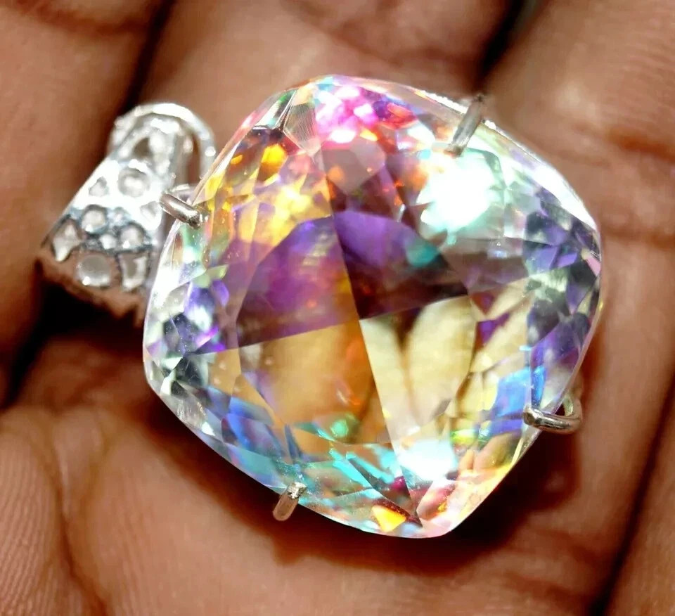 55 CT+ Flawless Rainbow Fire Mystic Topaz Pendant 925 Sterling Silver Plated
