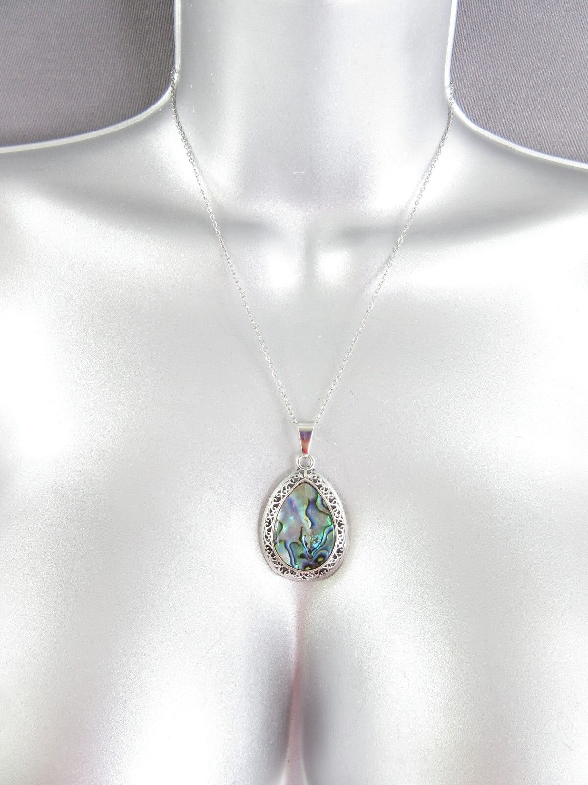 Abalone Shell Pendant Necklace Teardrop Silver Filigree Colorful Blue EXQUISITE