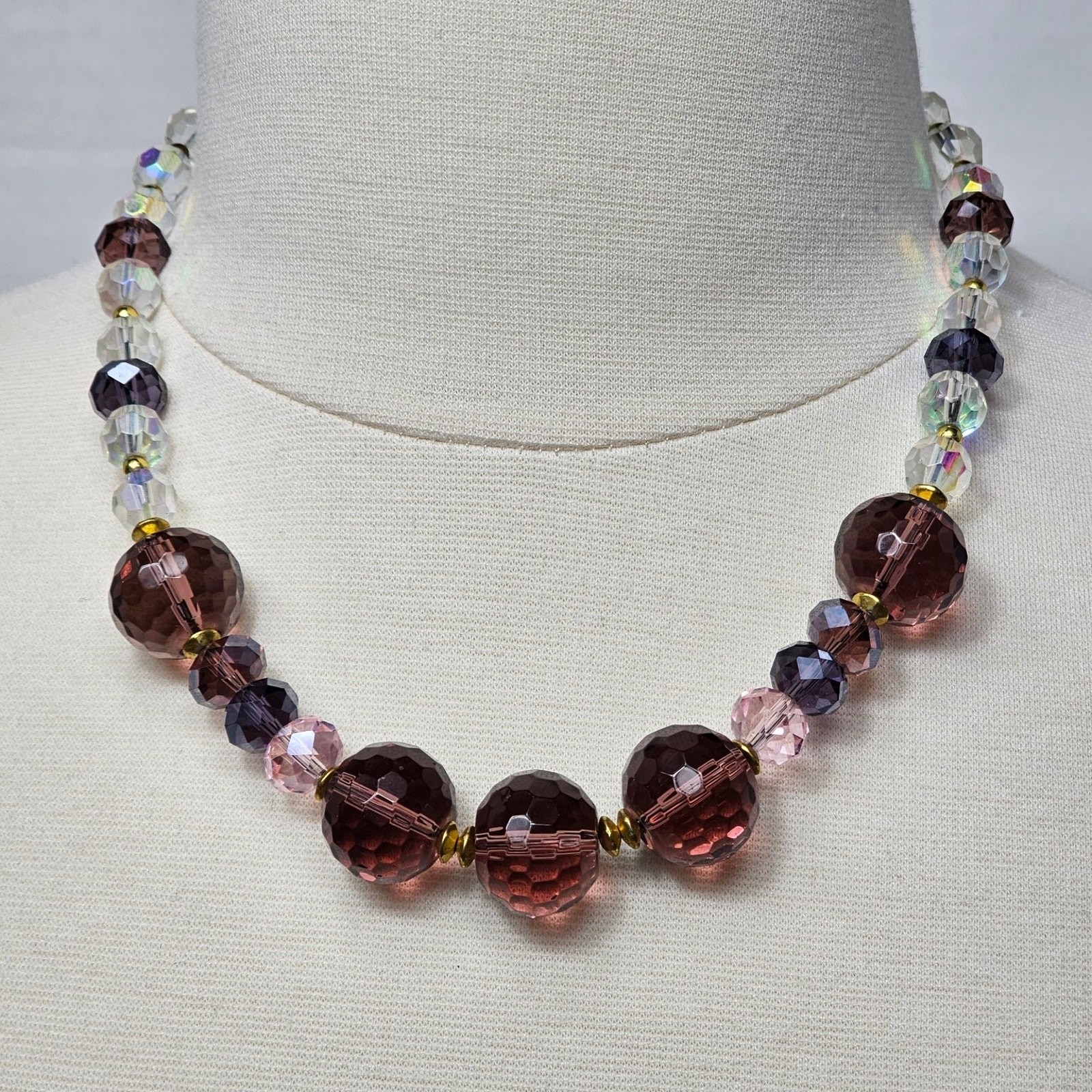 Vintage Faceted Glass Crystal Bead Necklace Purple Pink AB Coated Clear 18-20 in