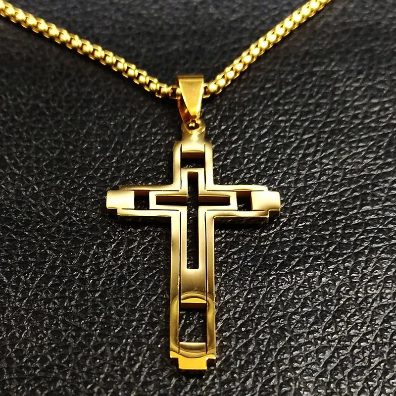 60cm Gold Stainless Steel Cross Necklace for Men Mens Chain Pendant Jewelry Gift