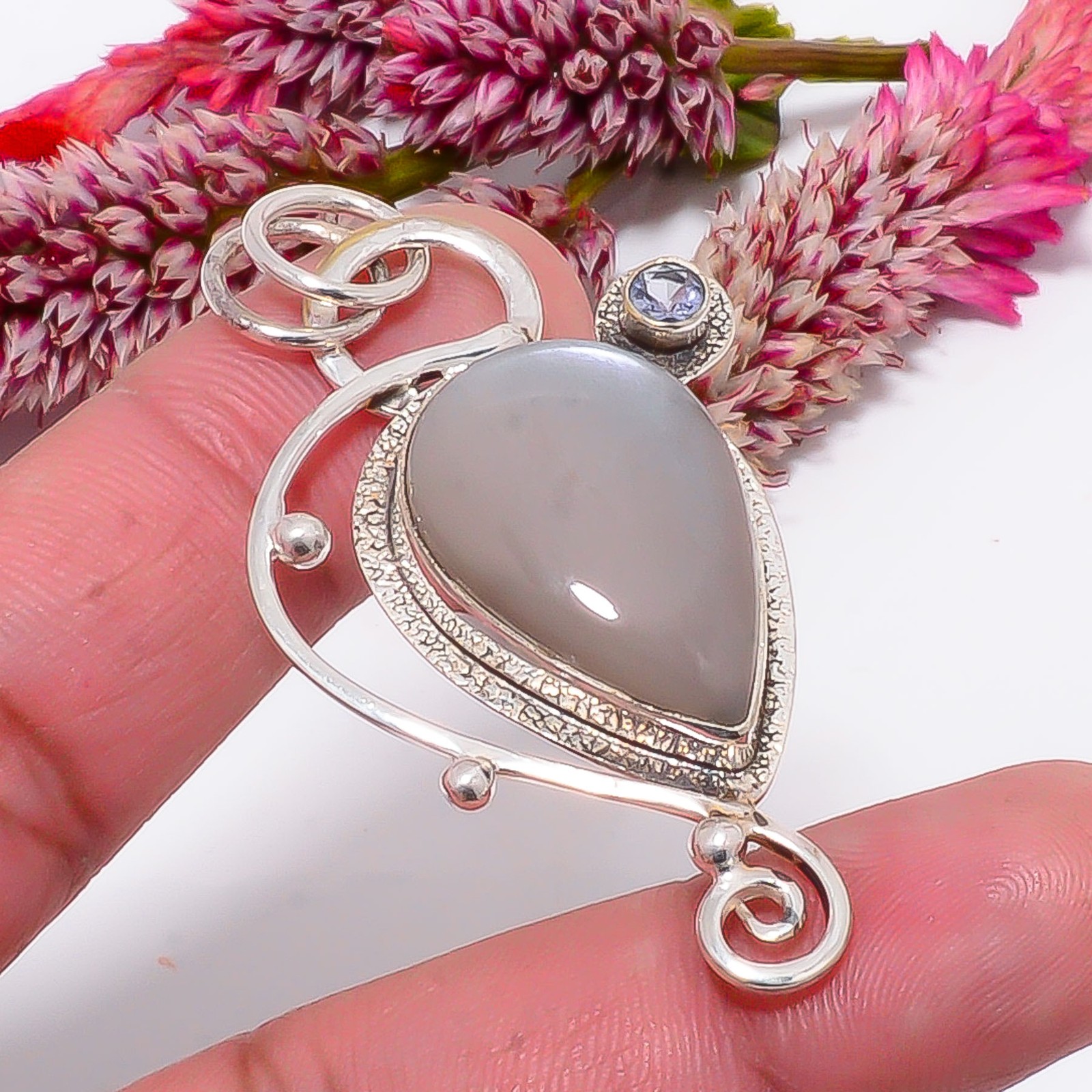 Gray Moonstone – Sri Lanka & White Topaz 925 Sterling Silver Pendant 2.15″ sku40