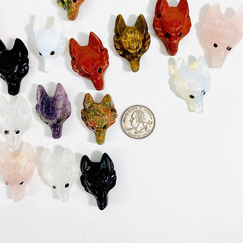 Wolf Head Pendant Natural Crystal Healing Quartz Stone Carved DIY Necklace Decor