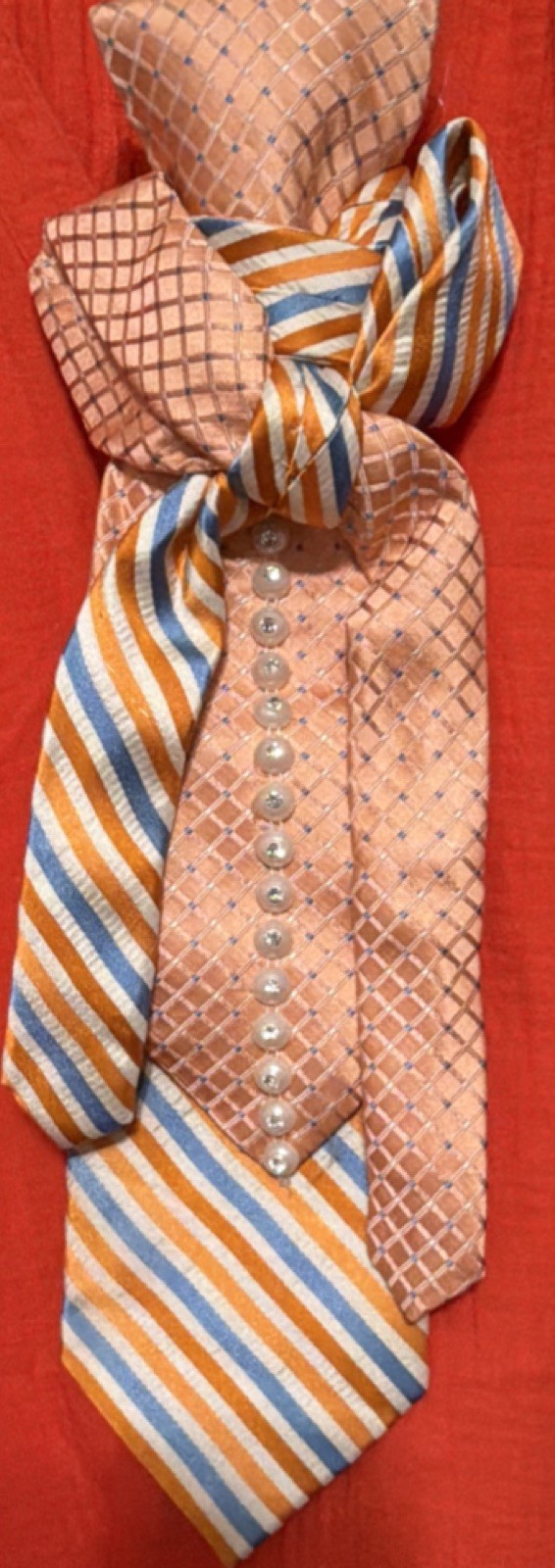 Women’s Jewerly Tie Peach Orange Blue Geometric Striped designwith Button Accent