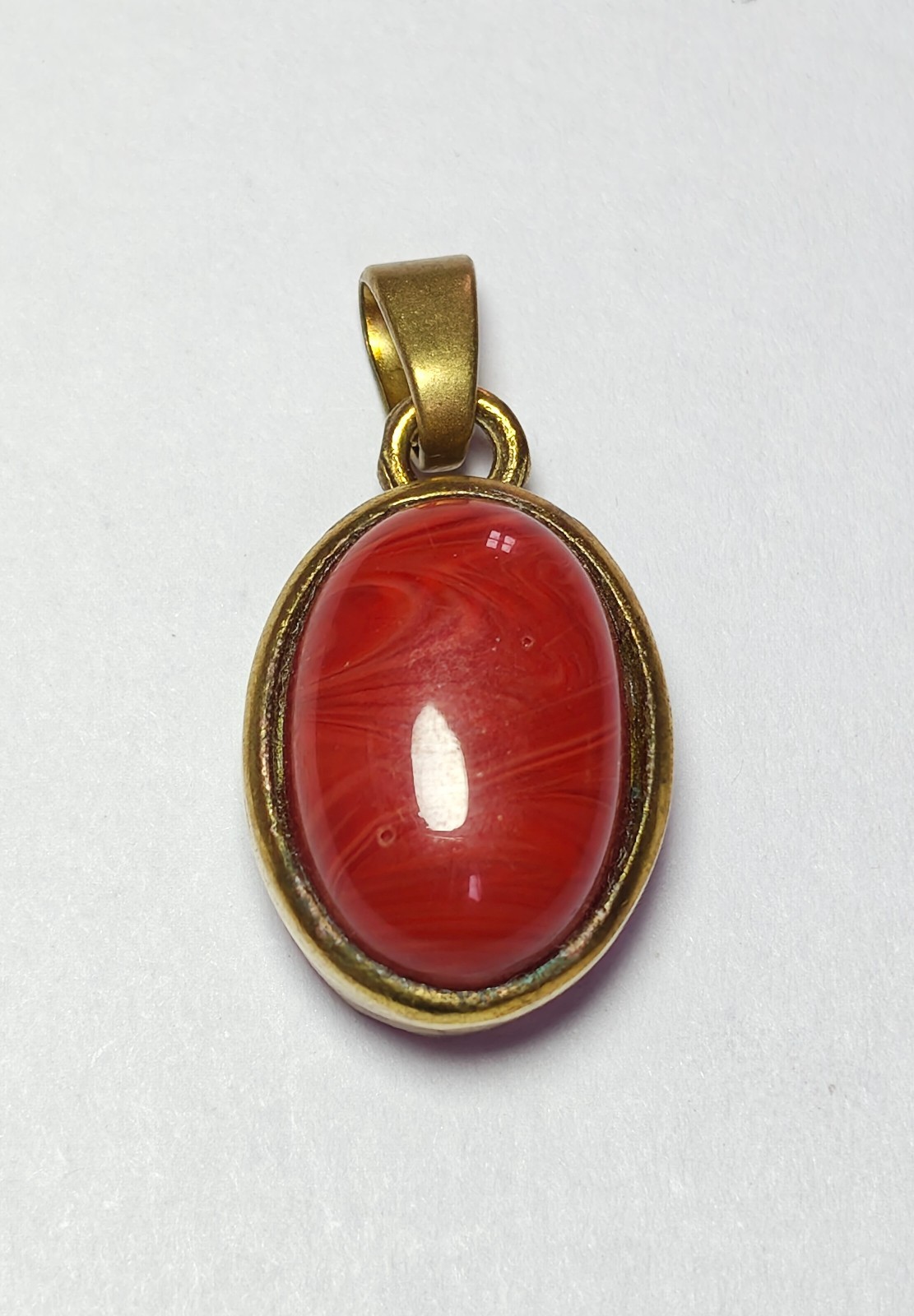 Oval Red Coral Swirl Cabochon Pendant in Brushed Gold Bezel Jewelry for Unisex