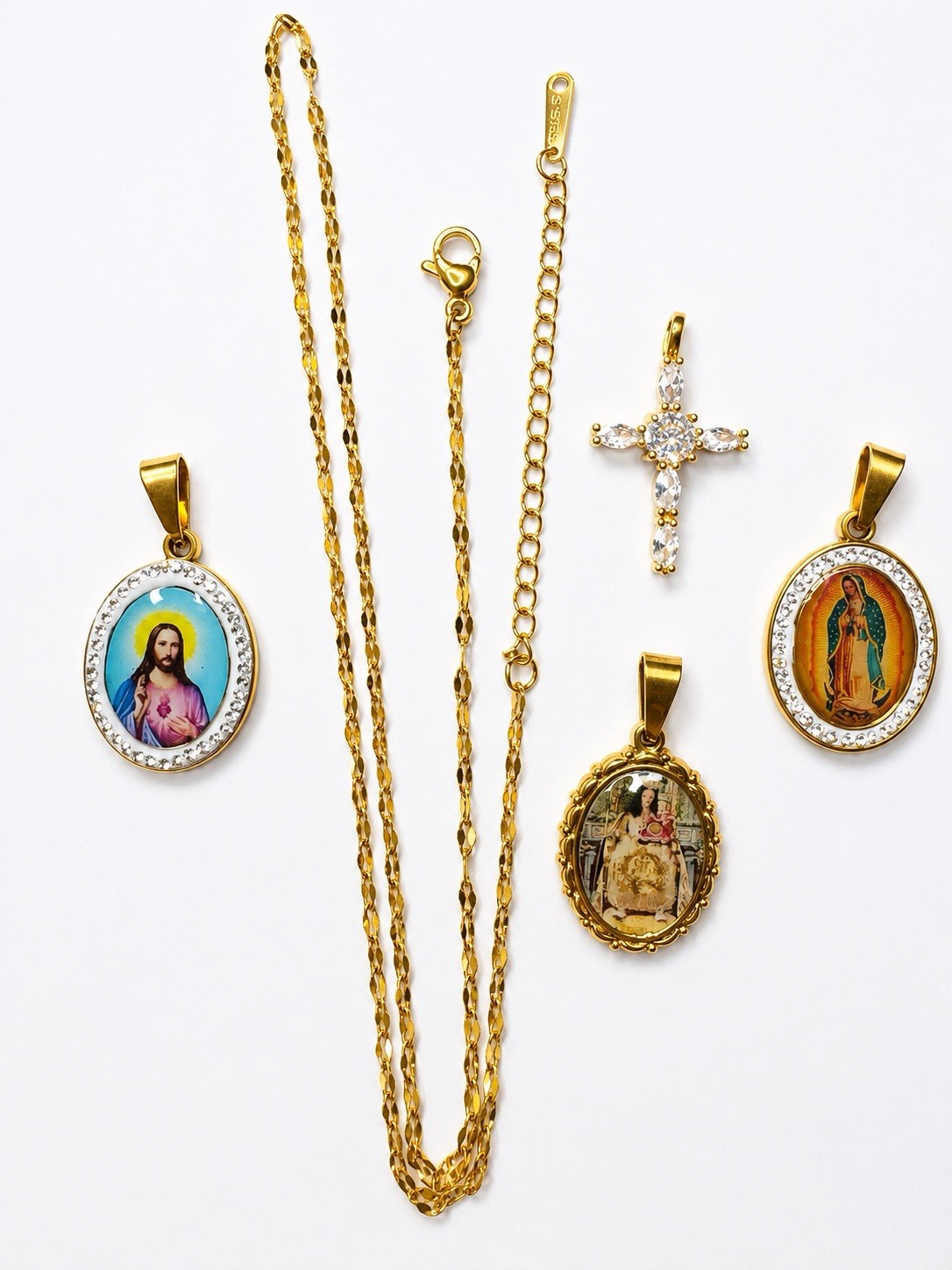 Lot Stainless steel stamped chain and pendants Jesus cross Virgin Mary gift set