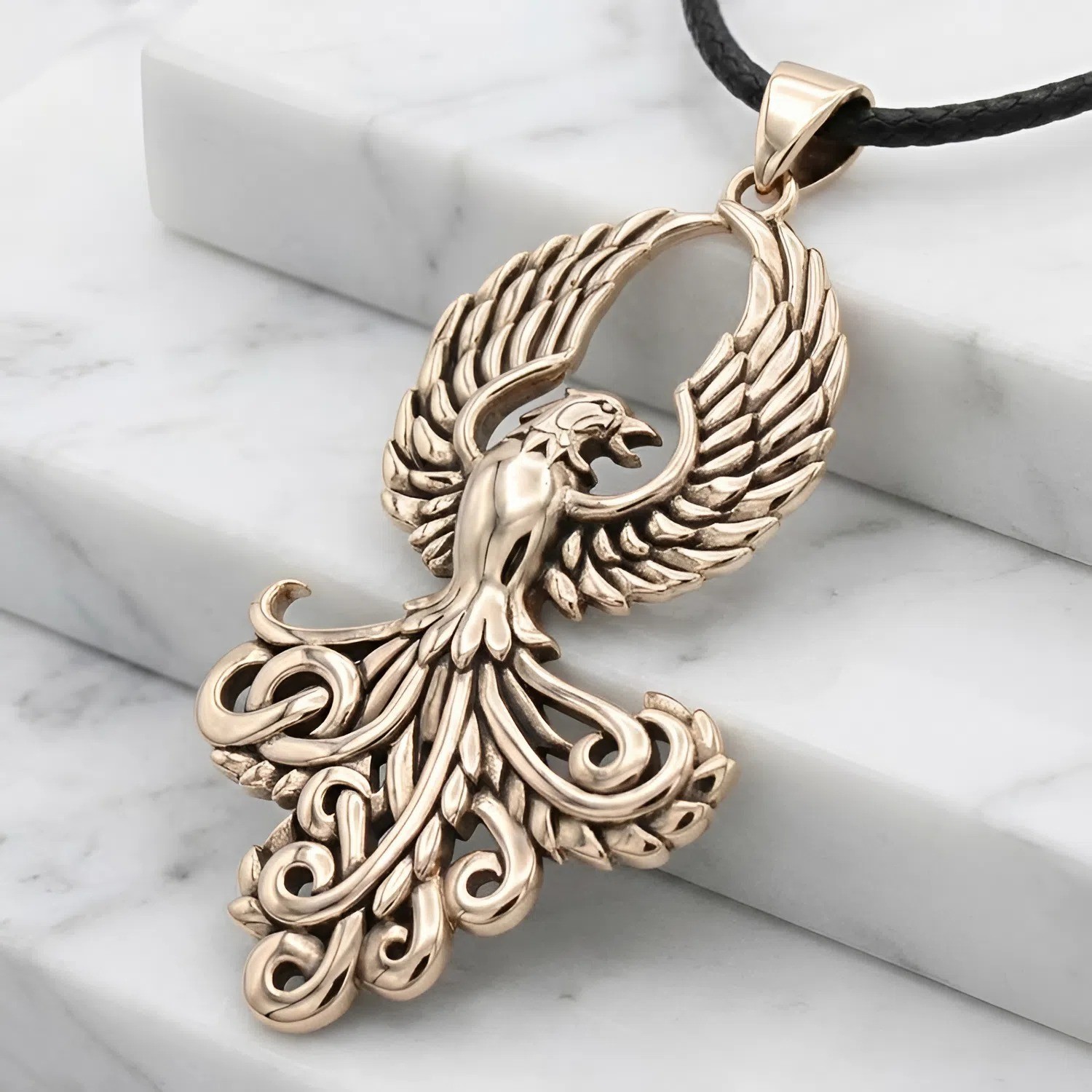 Bronze Phoenix Rising from Flames Pendant Necklace – Alchemy Fire Bird Symbol
